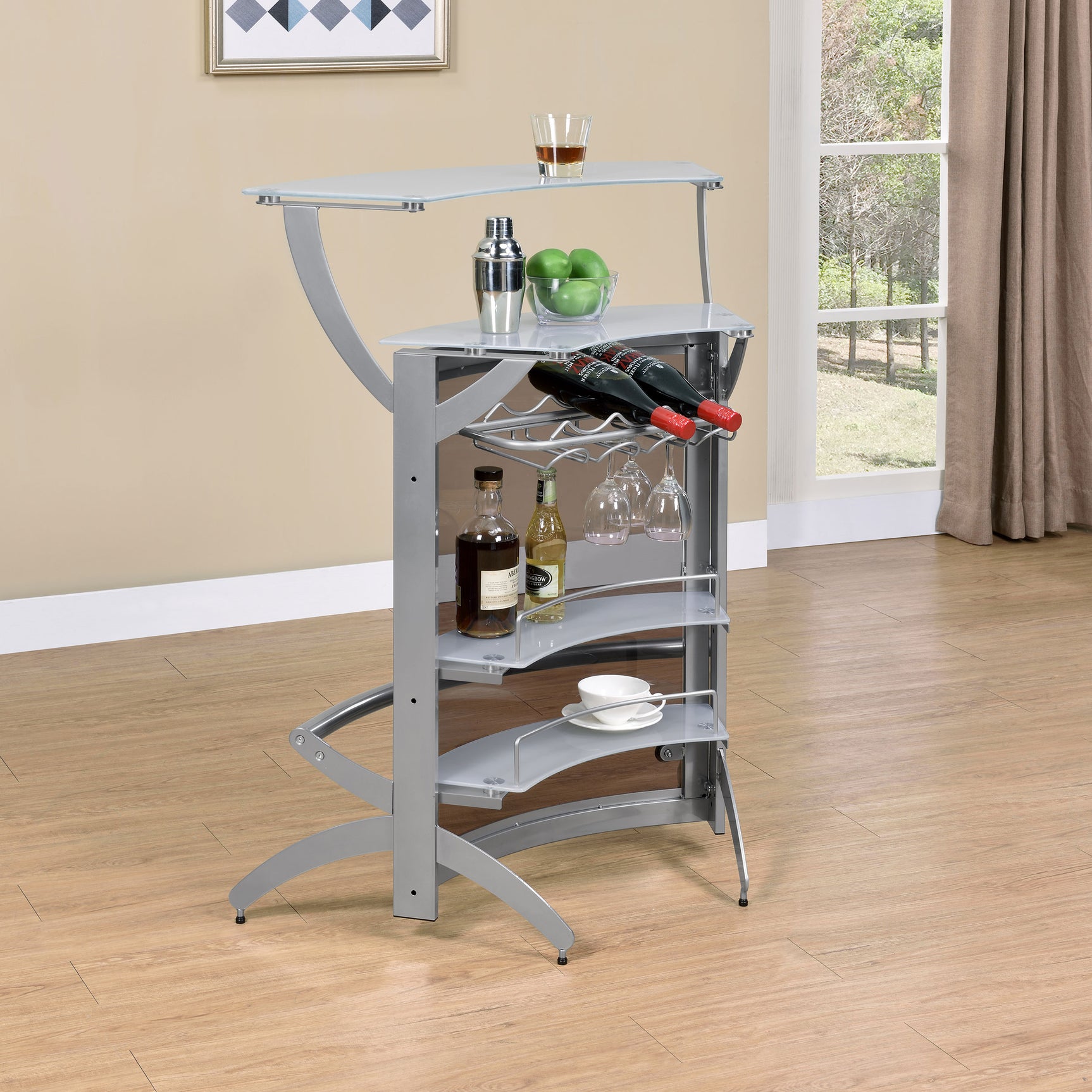 Dallas 2-shelf Curved Freestanding Home Bar Cabinet Silver - Tampa Furniture Outlet