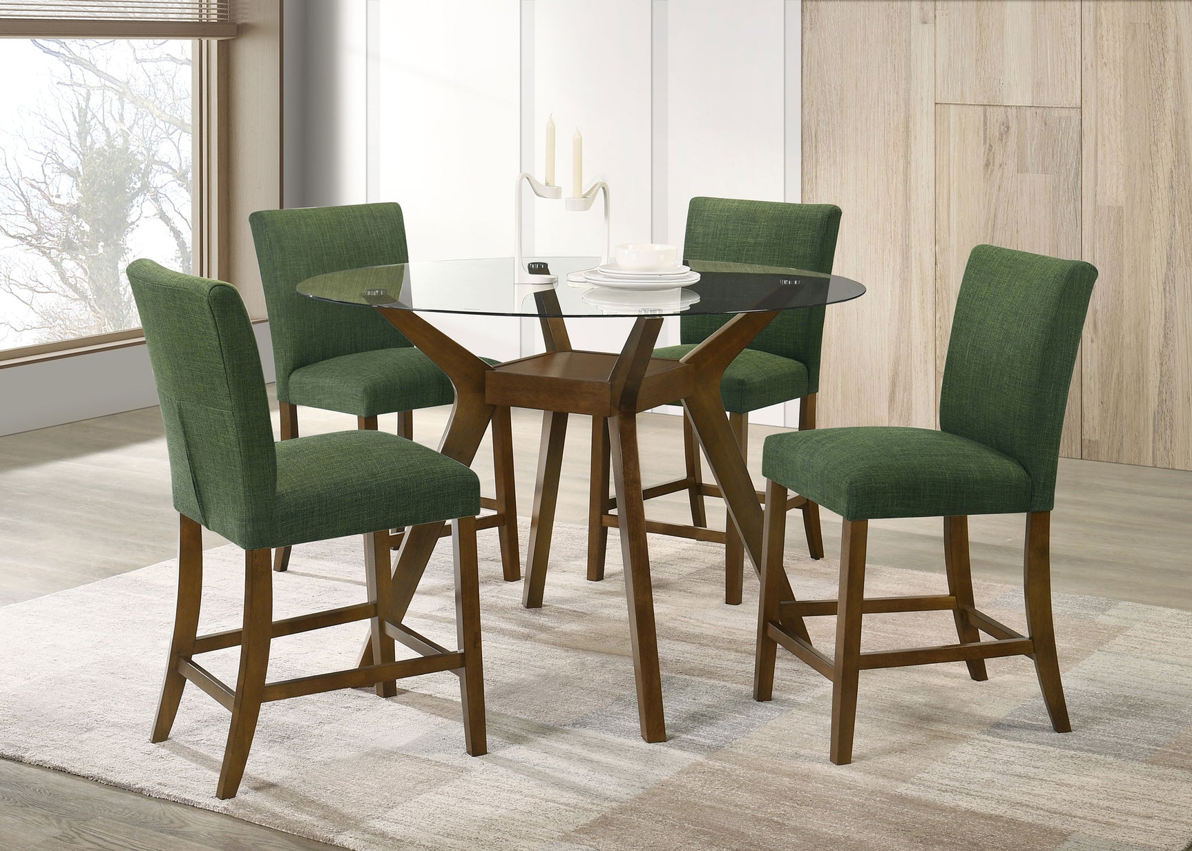 Tampa Furniture Outlet - Coaster - Paxton 5-piece Round Glass Top Counter Height Dining Set Green - 122178-S5GRN