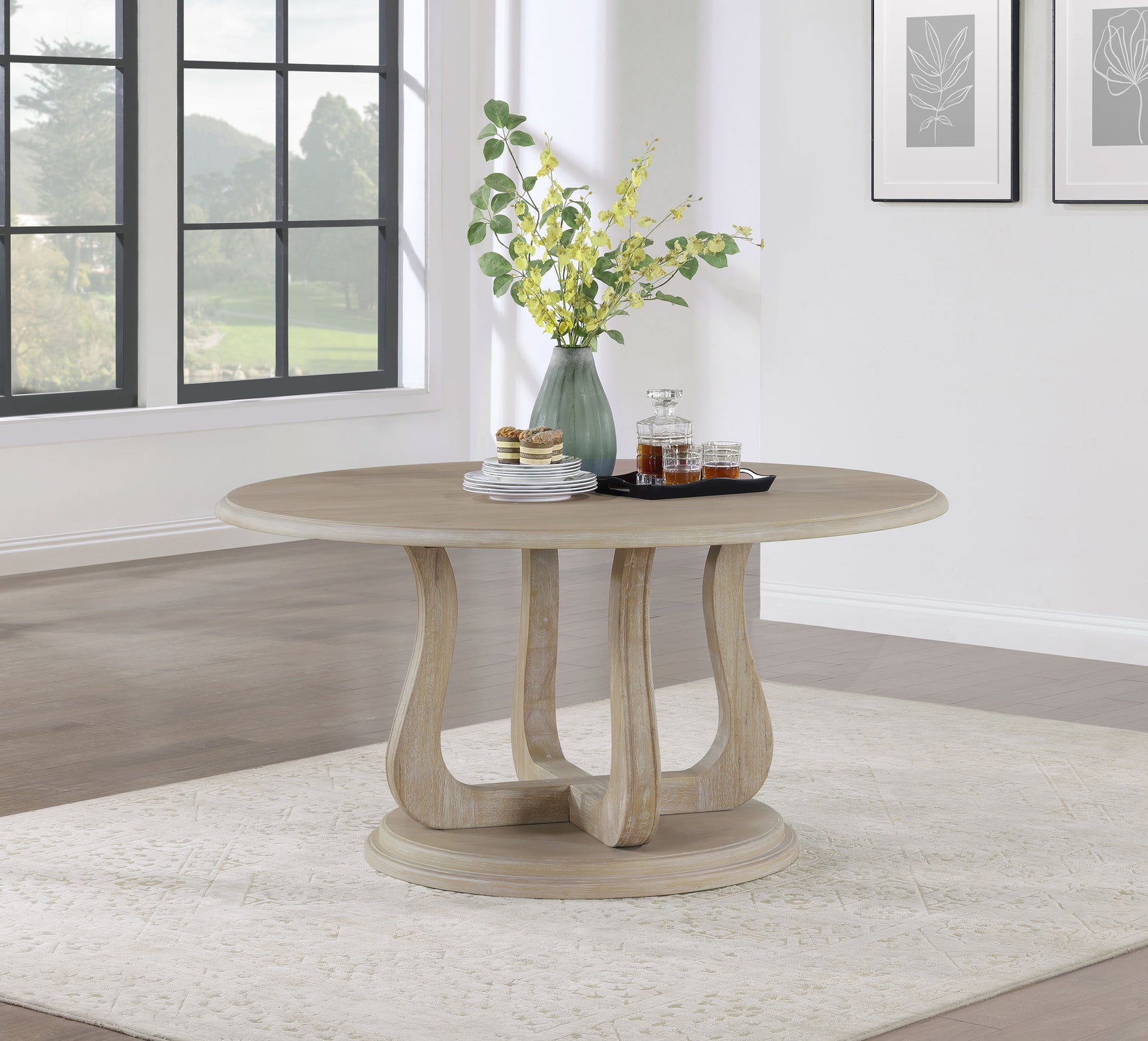 Trofello Round 60-inch Pedestal Dining Table White Washed - Tampa Furniture Outlet