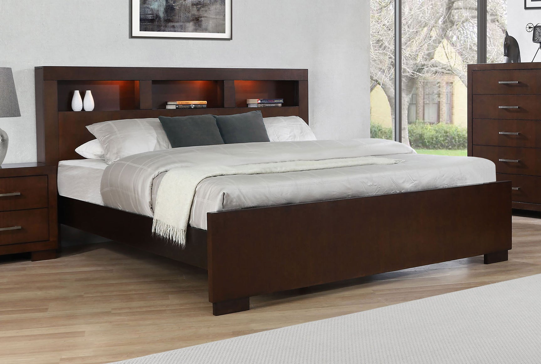 Jessica Eastern King LED Storage Bookcase Bed Cappuccino - Tampa Furniture Outlet