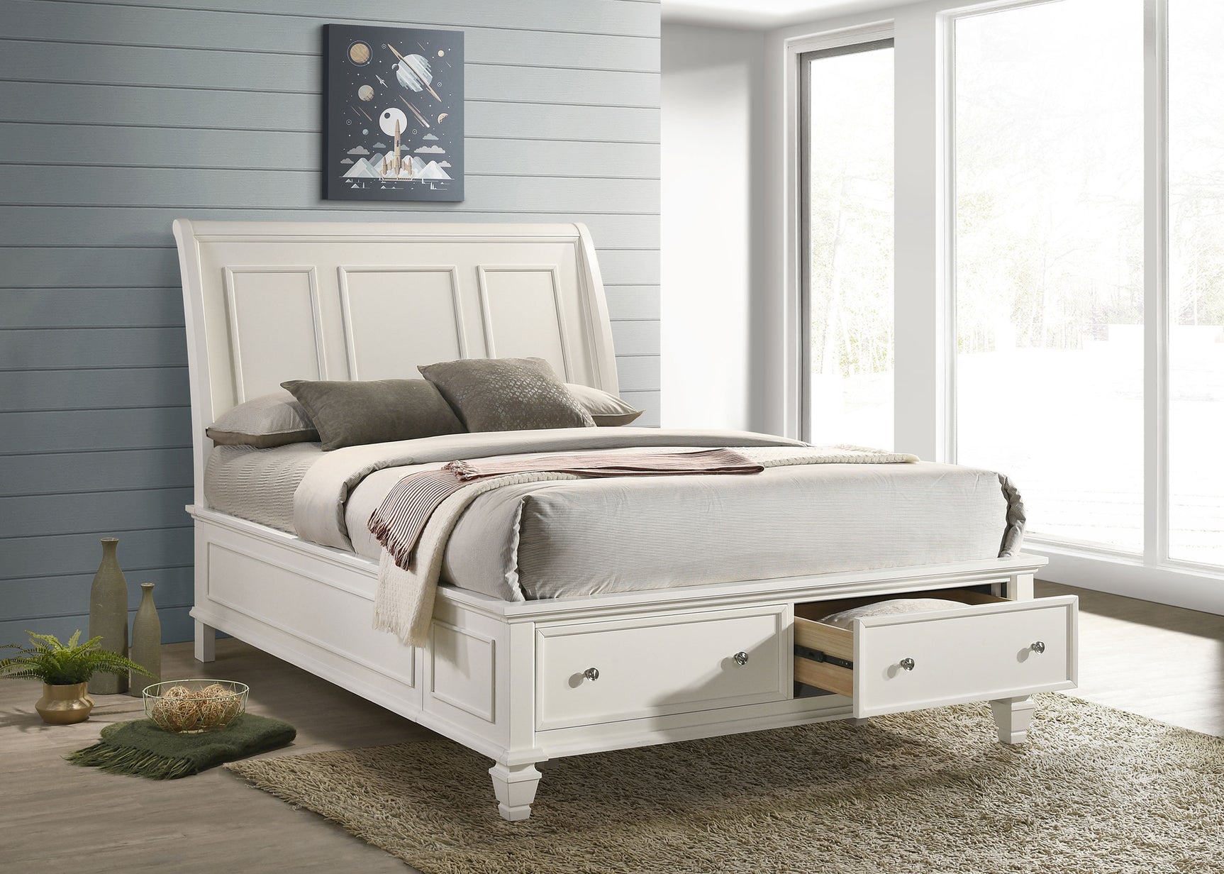 Sandy Beach Wood Queen Storage Panel Bed Cream White - Tampa Furniture Outlet