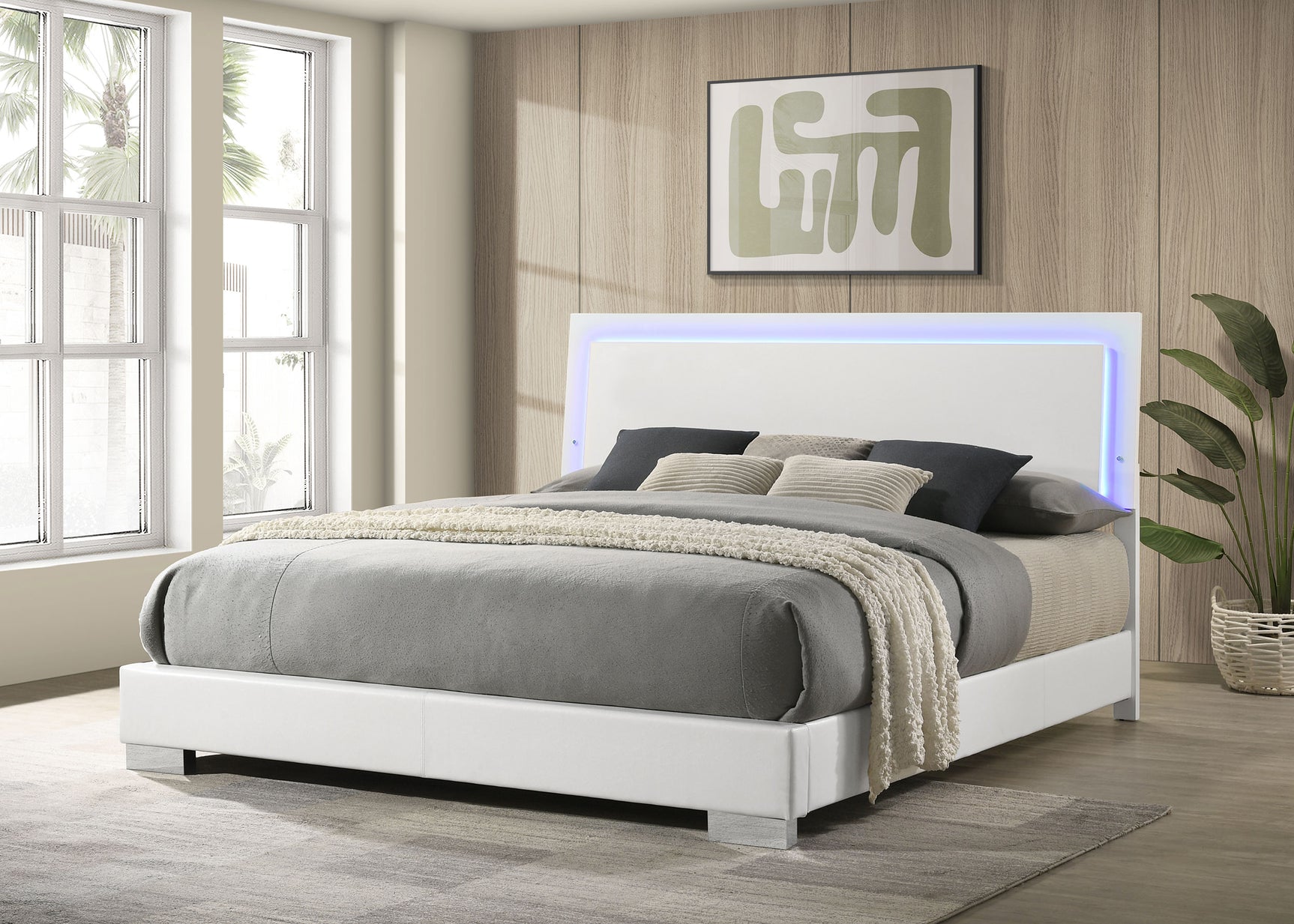 Felicity Wood Eastern King LED Panel Bed White High Gloss - Tampa Furniture Outlet