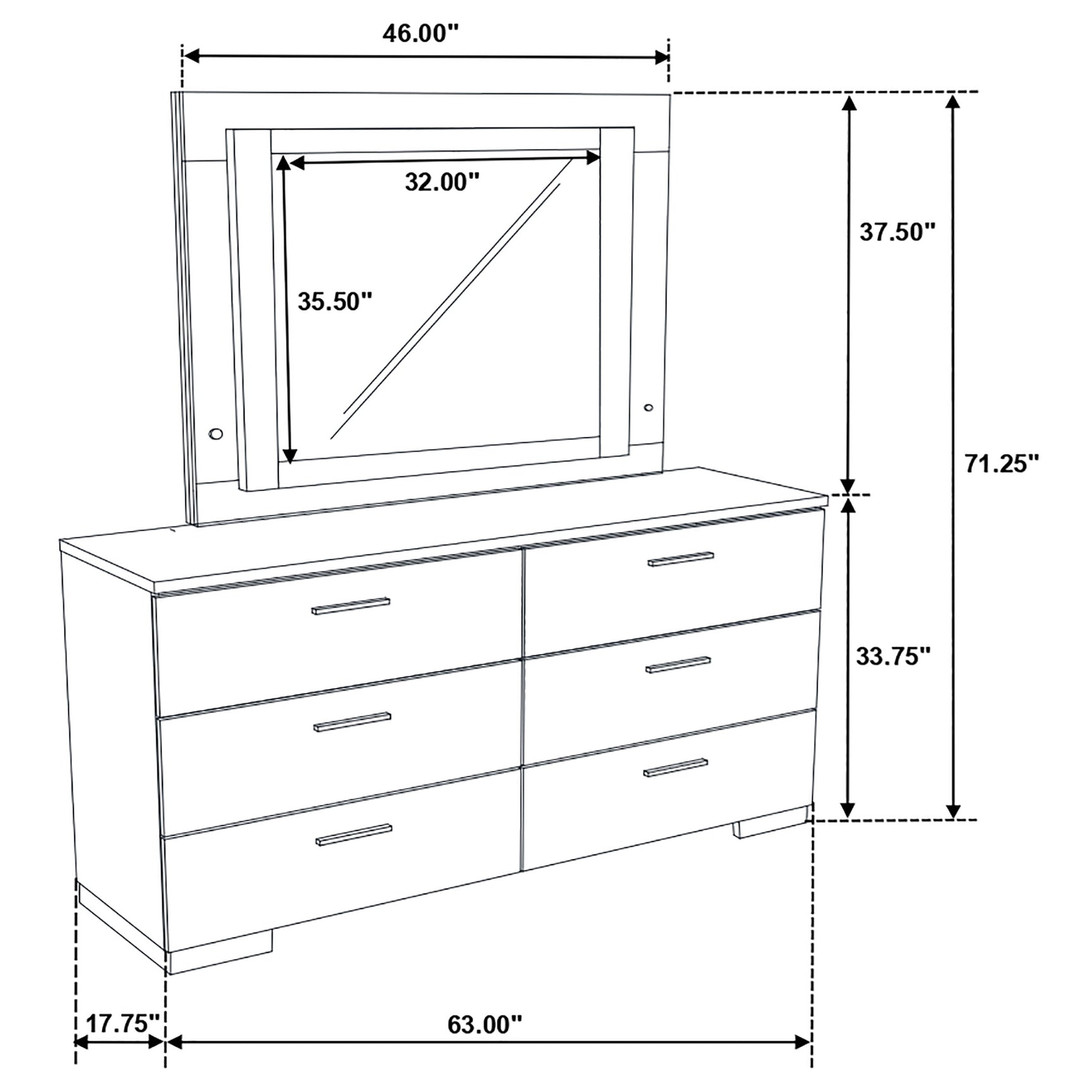 Felicity 6-drawer Dresser with LED Mirror White High Gloss - Tampa Furniture Outlet