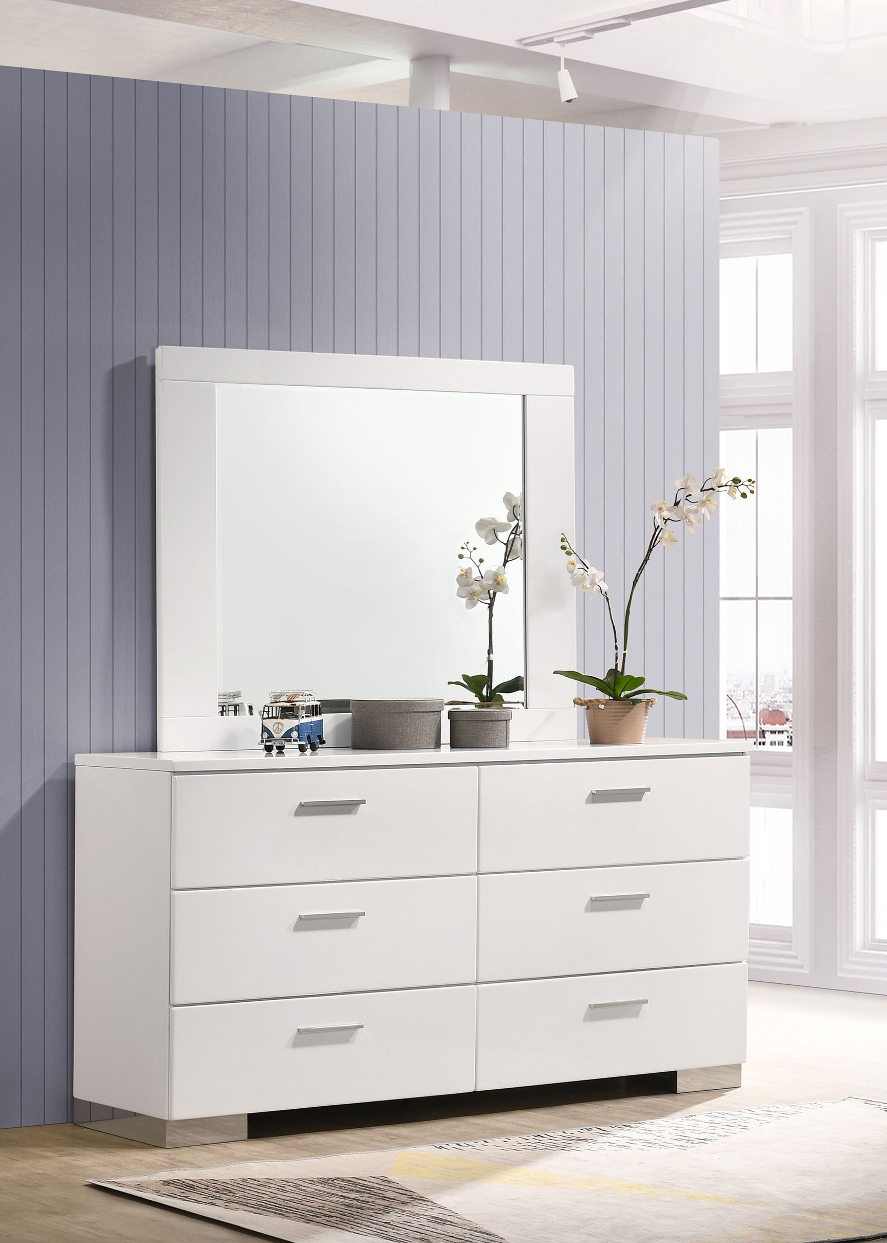 Felicity 6-drawer Wood Dresser with Mirror White High Gloss - Tampa Furniture Outlet