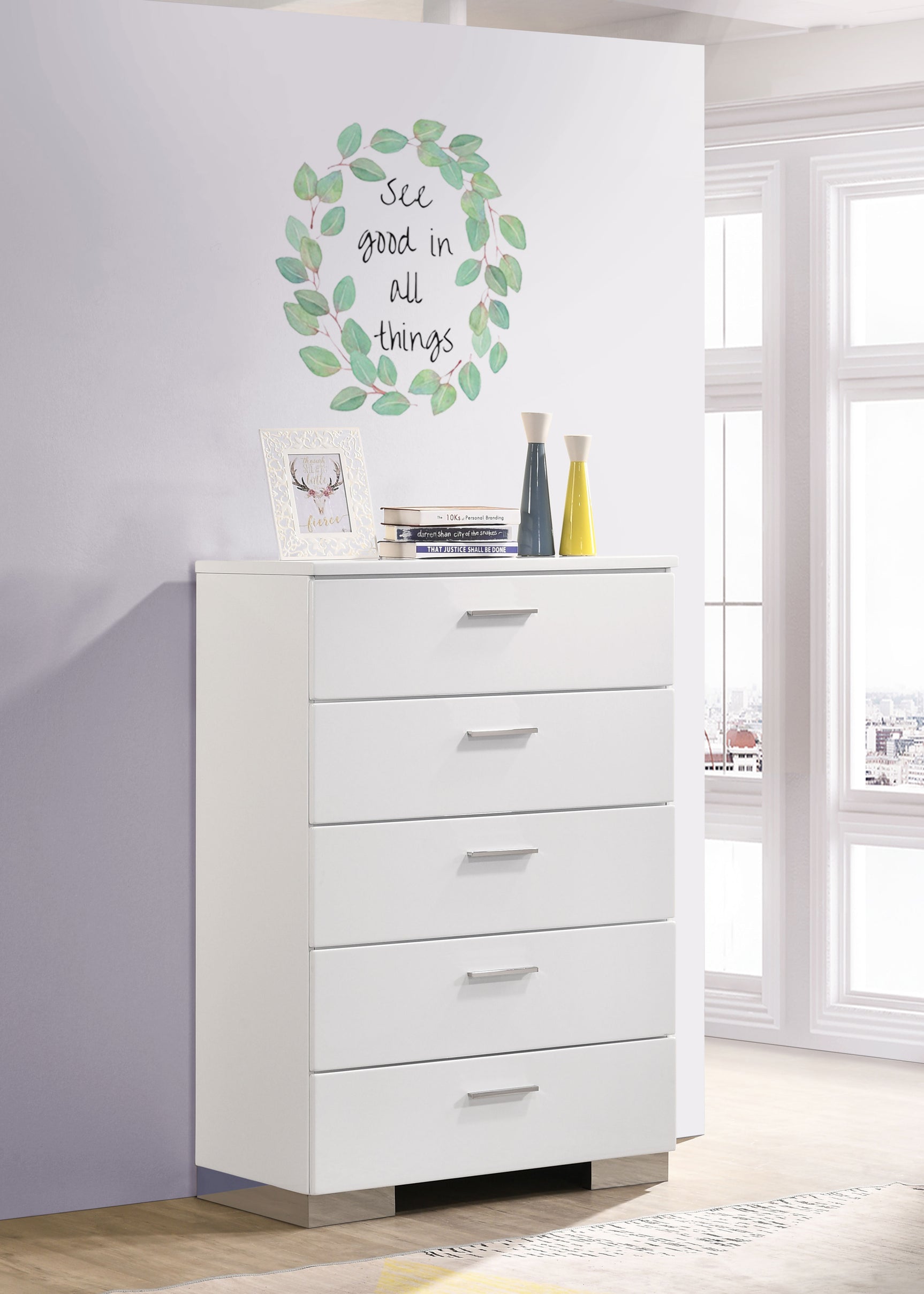 Felicity 5-drawer Bedroom Chest White High Gloss - Tampa Furniture Outlet