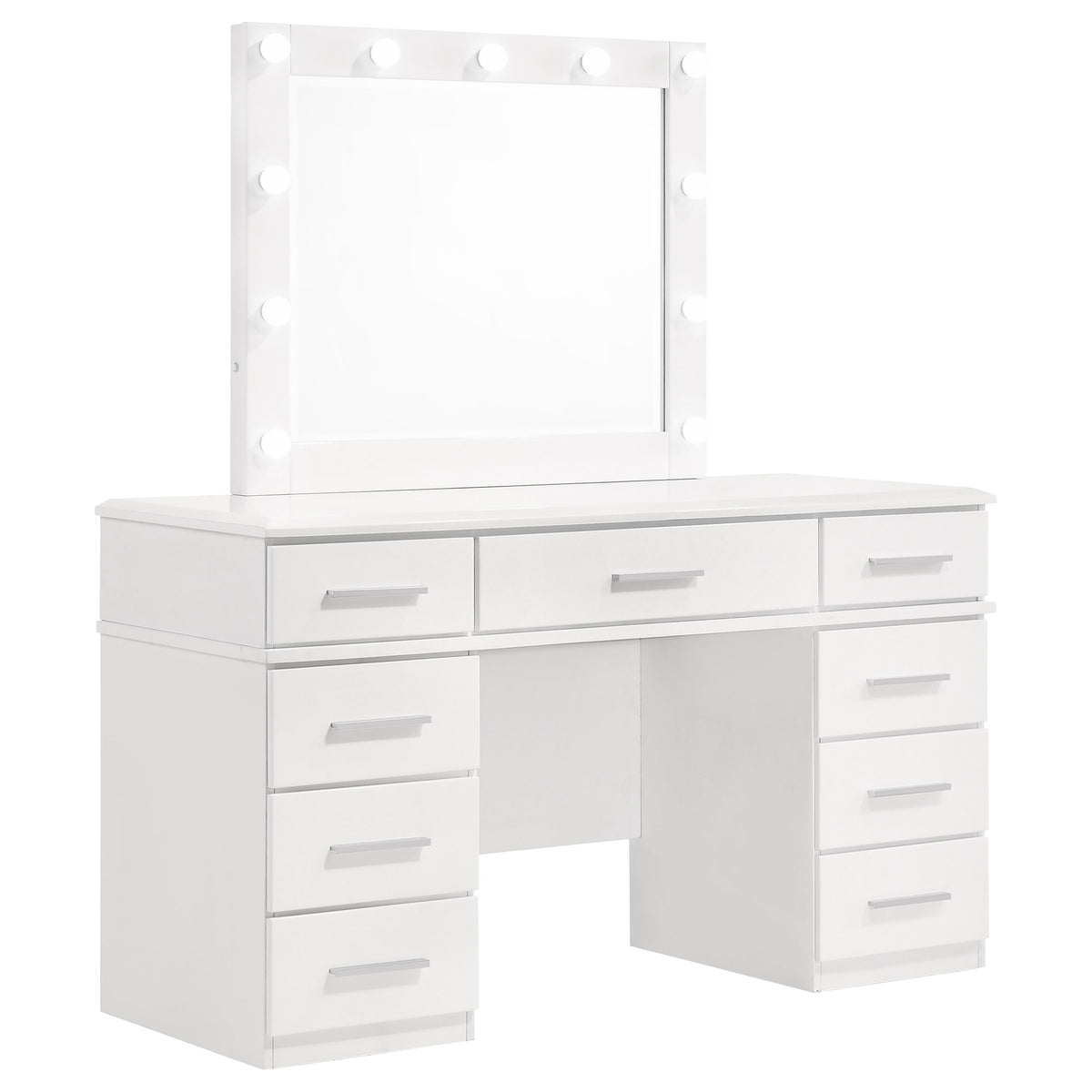Tampa Furniture Outlet - Coaster - Felicity 9-drawer Vanity Table Lighted Mirror Glossy White - 203507