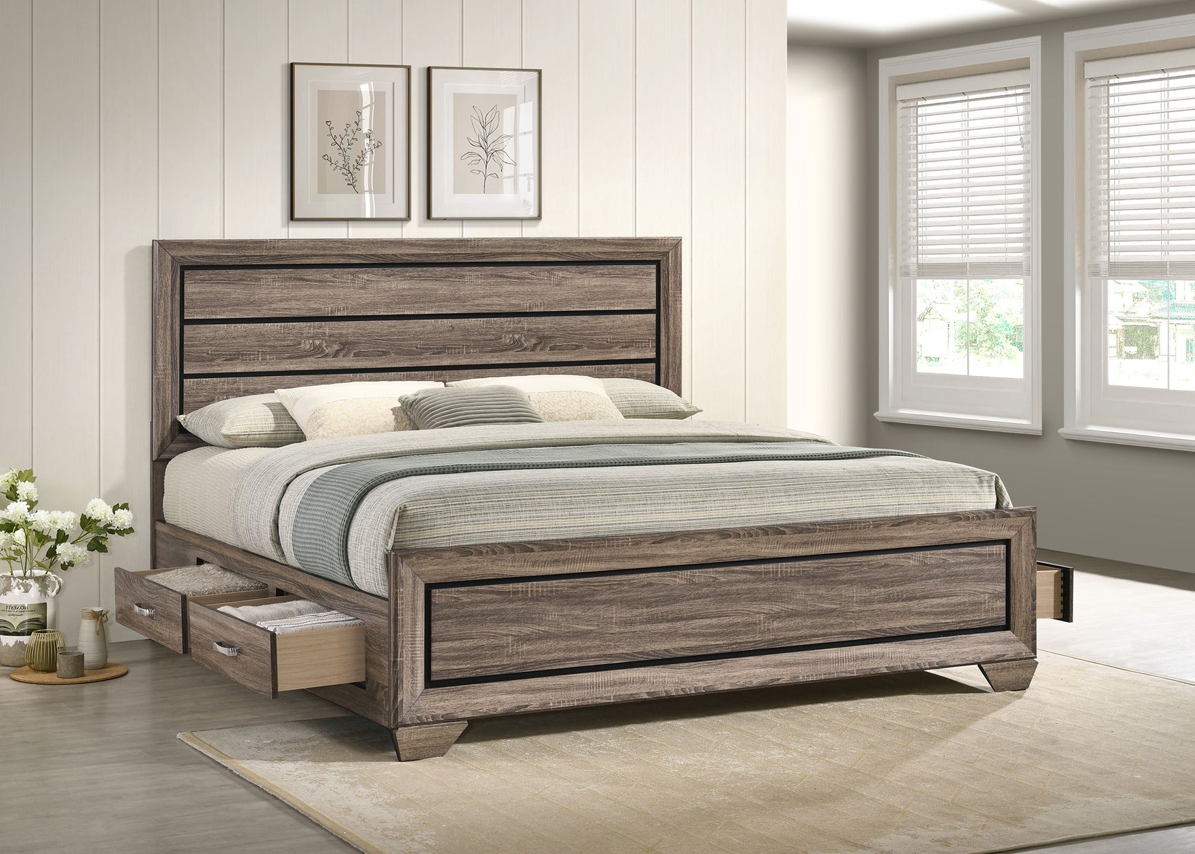 Kauffman Wood Eastern King Storage Panel Bed Washed Taupe - Tampa Furniture Outlet