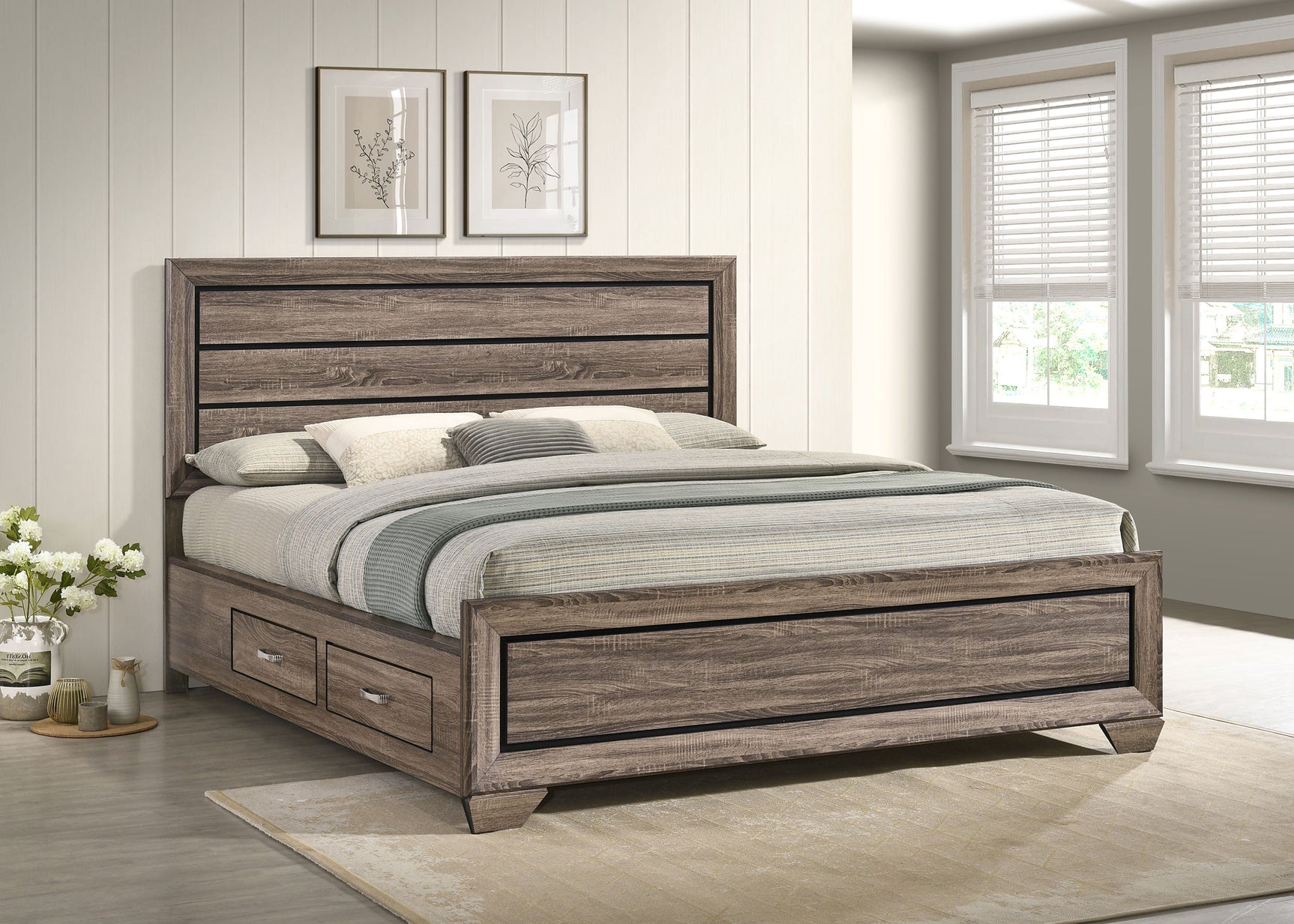 Kauffman Wood California King Storage Panel Bed Washed Taupe - Tampa Furniture Outlet