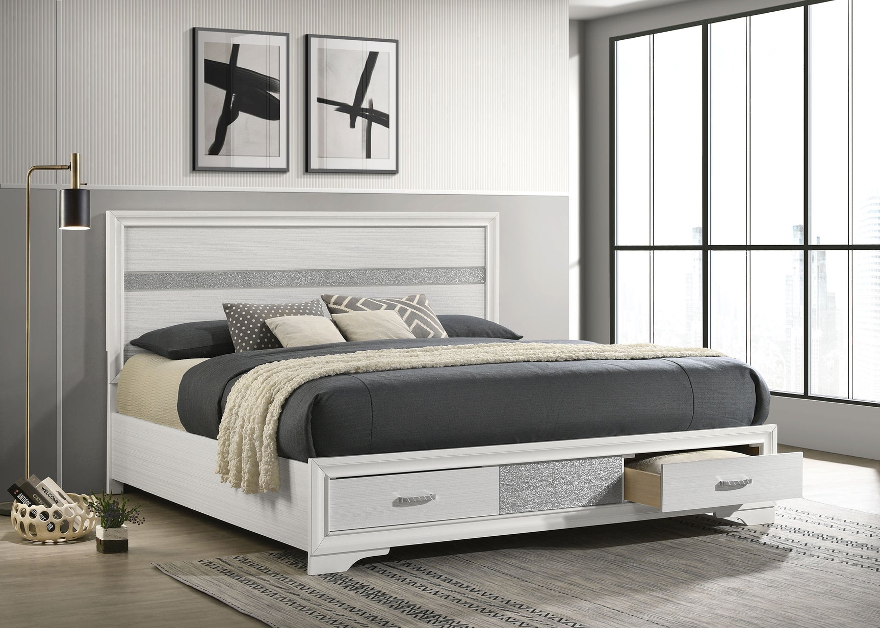 Miranda 51-inch Wood Eastern King Storage Panel Bed White - Tampa Furniture Outlet