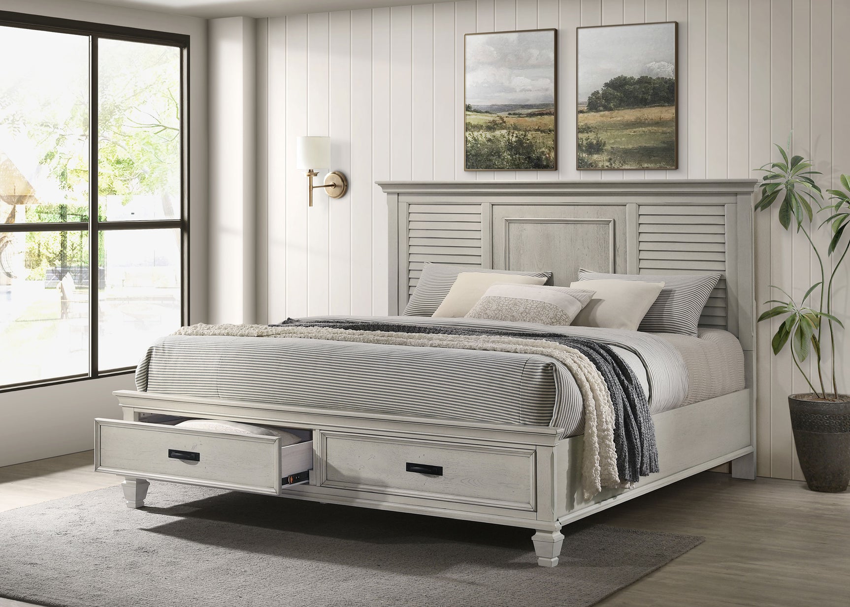 Franco Wood Eastern King Storage Panel Bed Distressed White - Tampa Furniture Outlet