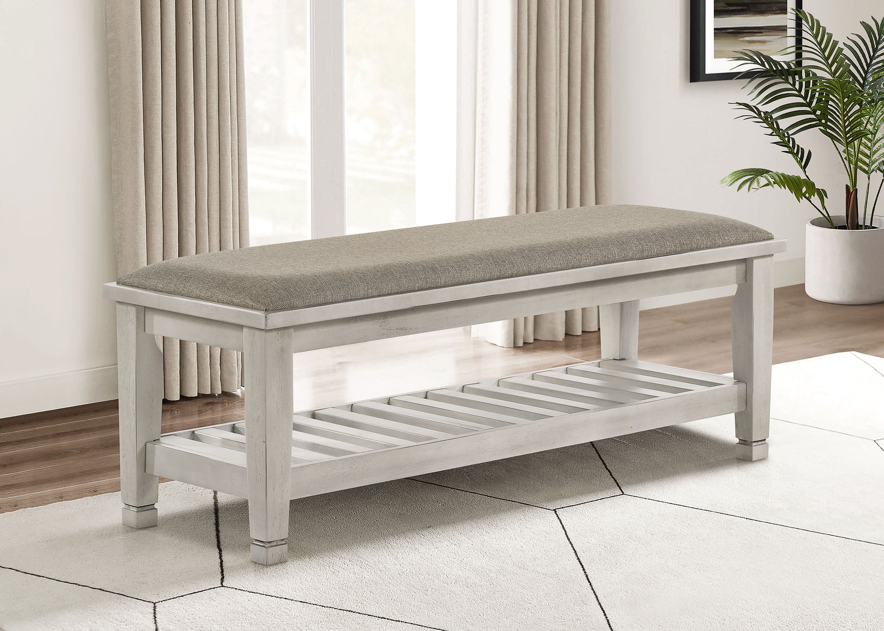 Franco Fabric Upholstered Bench with Shelf Distressed White - Tampa Furniture Outlet