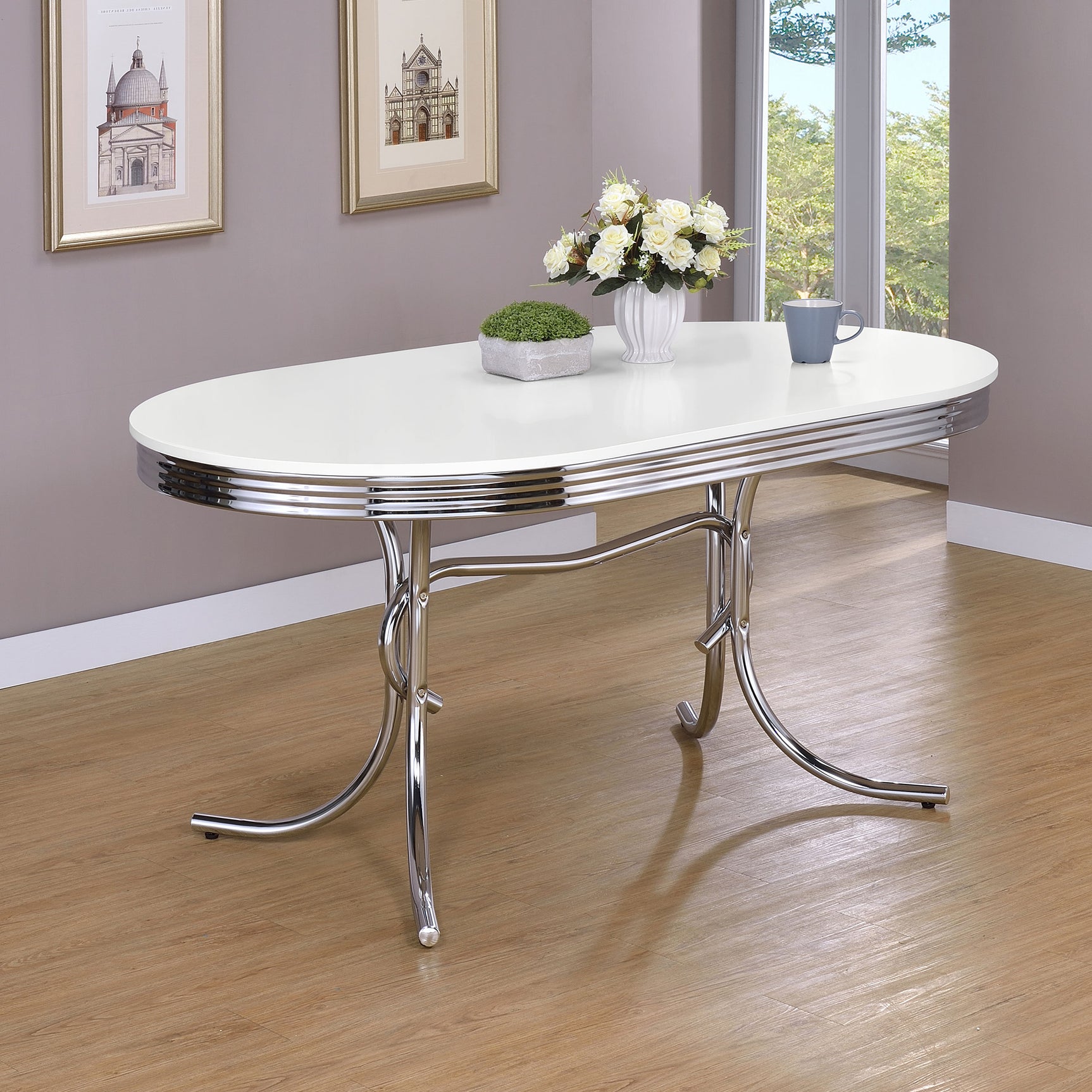 Retro Oval 60-inch Wood Top Dining Table White and Chrome - Tampa Furniture Outlet