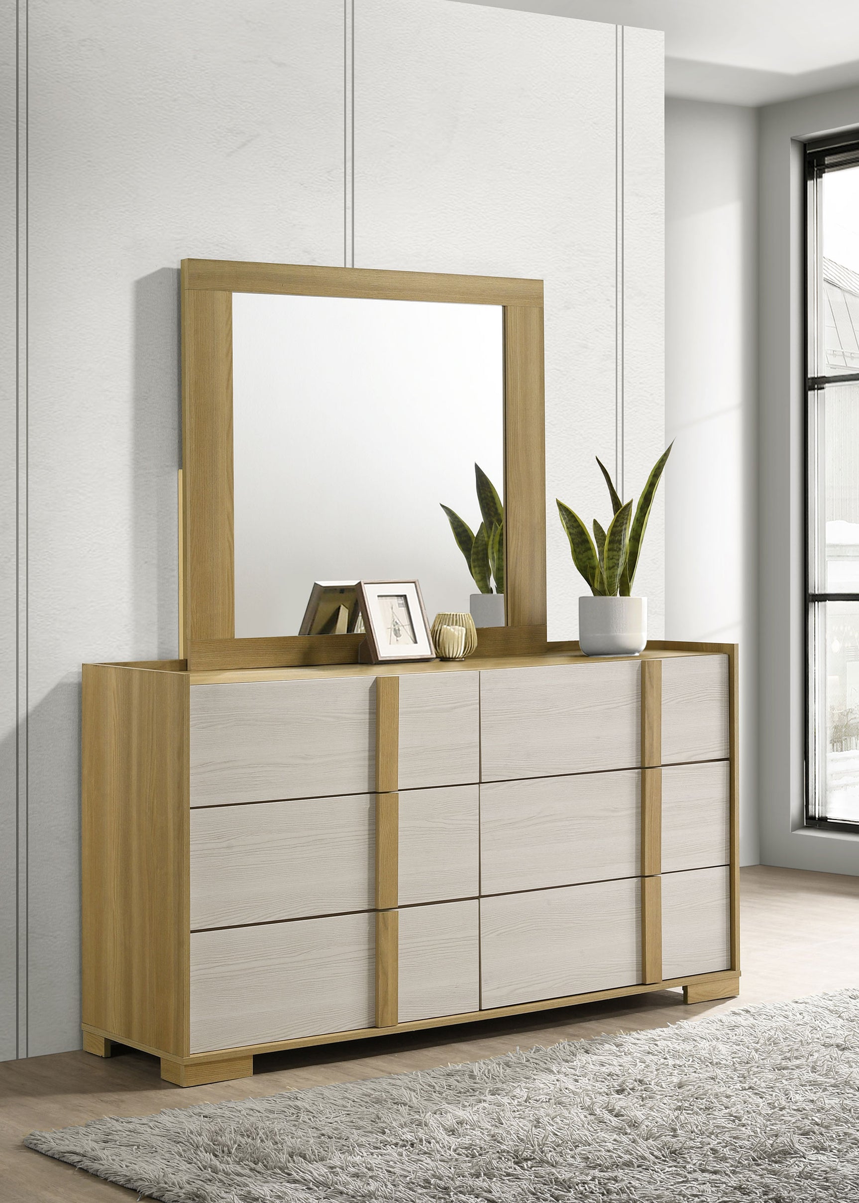 Hyland 6-drawer Dresser with Mirror Natural - Tampa Furniture Outlet