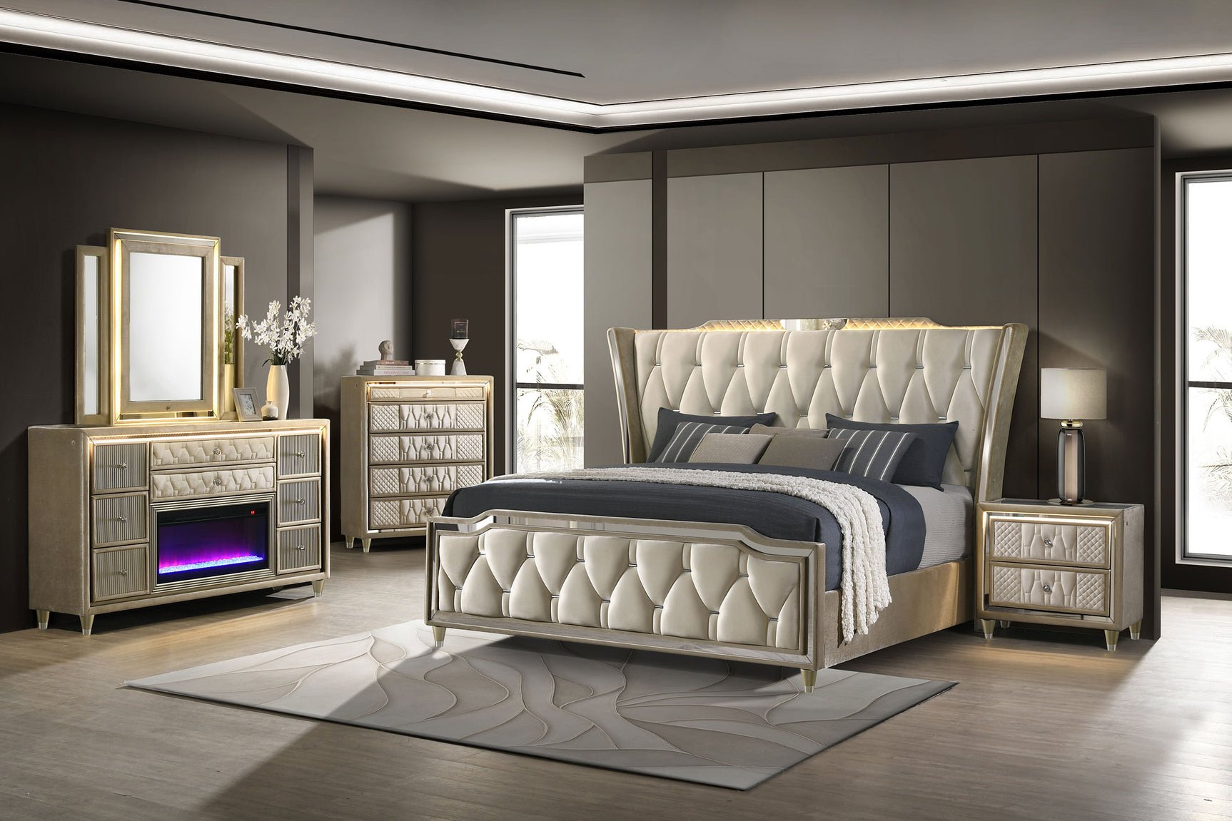 Lorient Queen LED Upholstered Wingback Bed Ivory and Camel