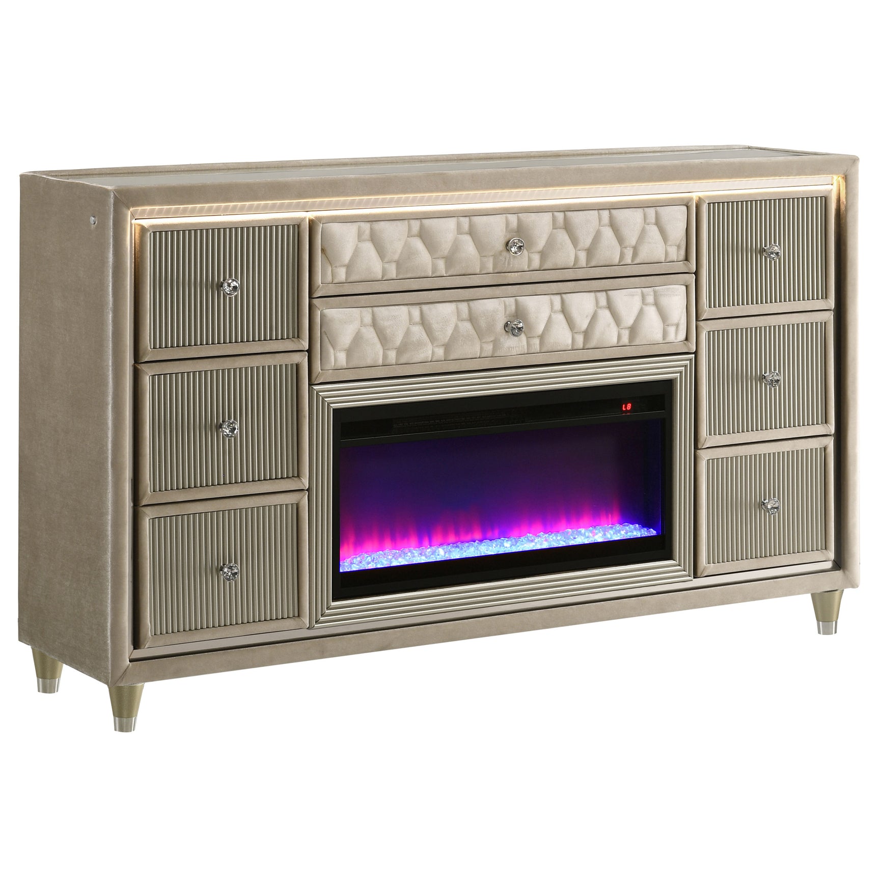 Tampa Furniture Outlet - Coaster - Lorient 8-drawer LED Bedroom Flame Box Dresser Ivory Camel - 222663FB
