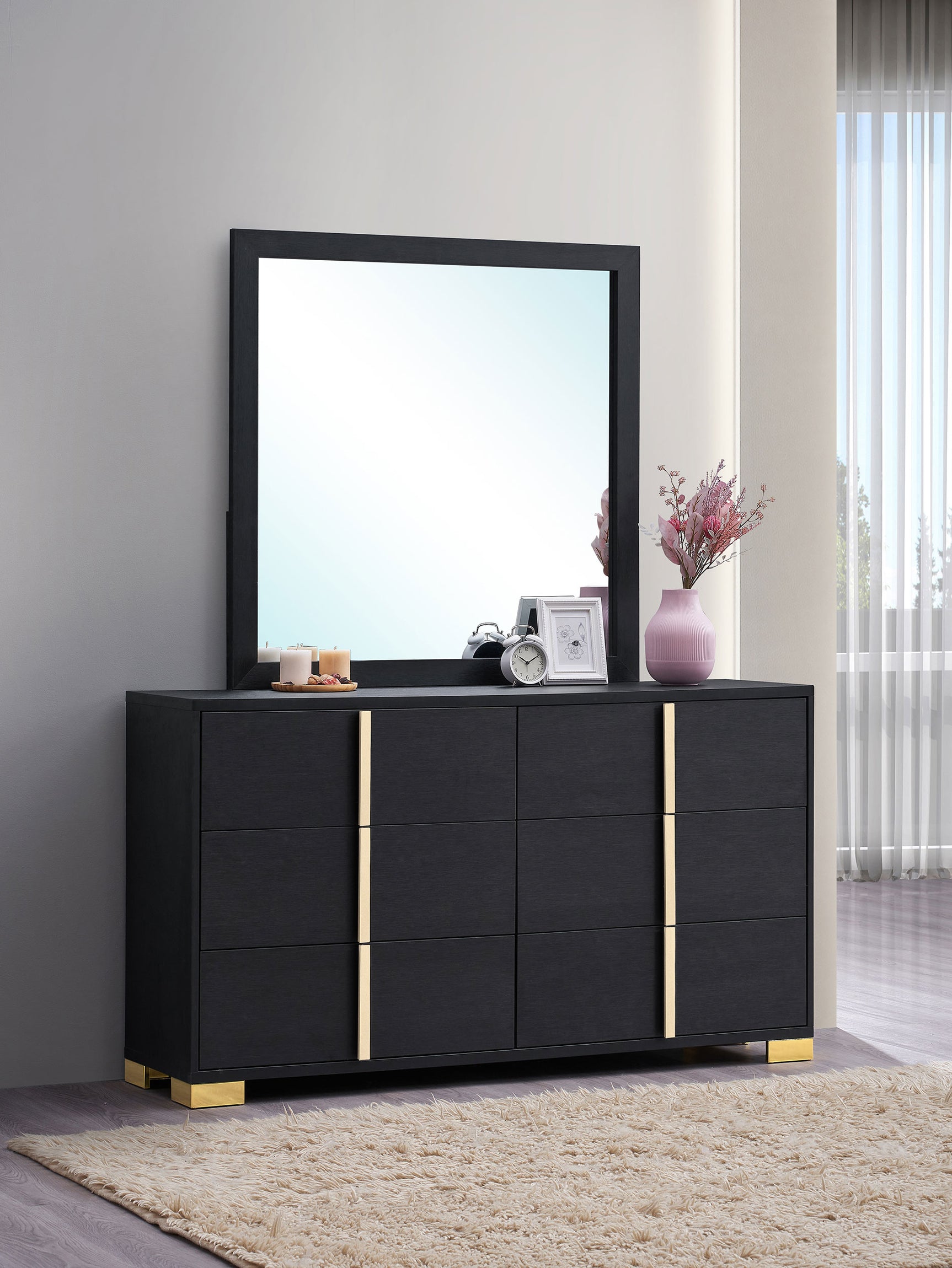 Marceline 6-drawer Dresser with Mirror Black - Tampa Furniture Outlet