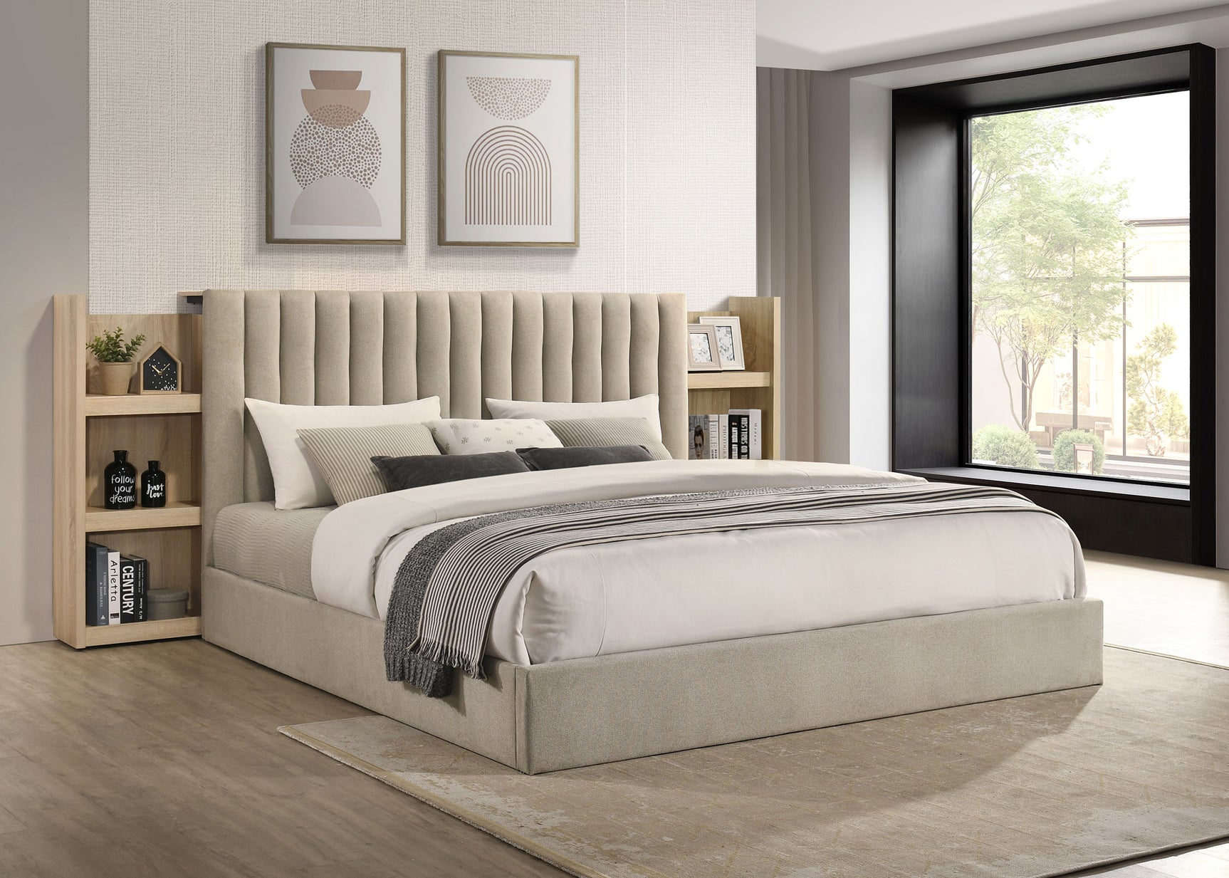 Arielle Eastern King Bookcase Panel Storage Bed Light Oak