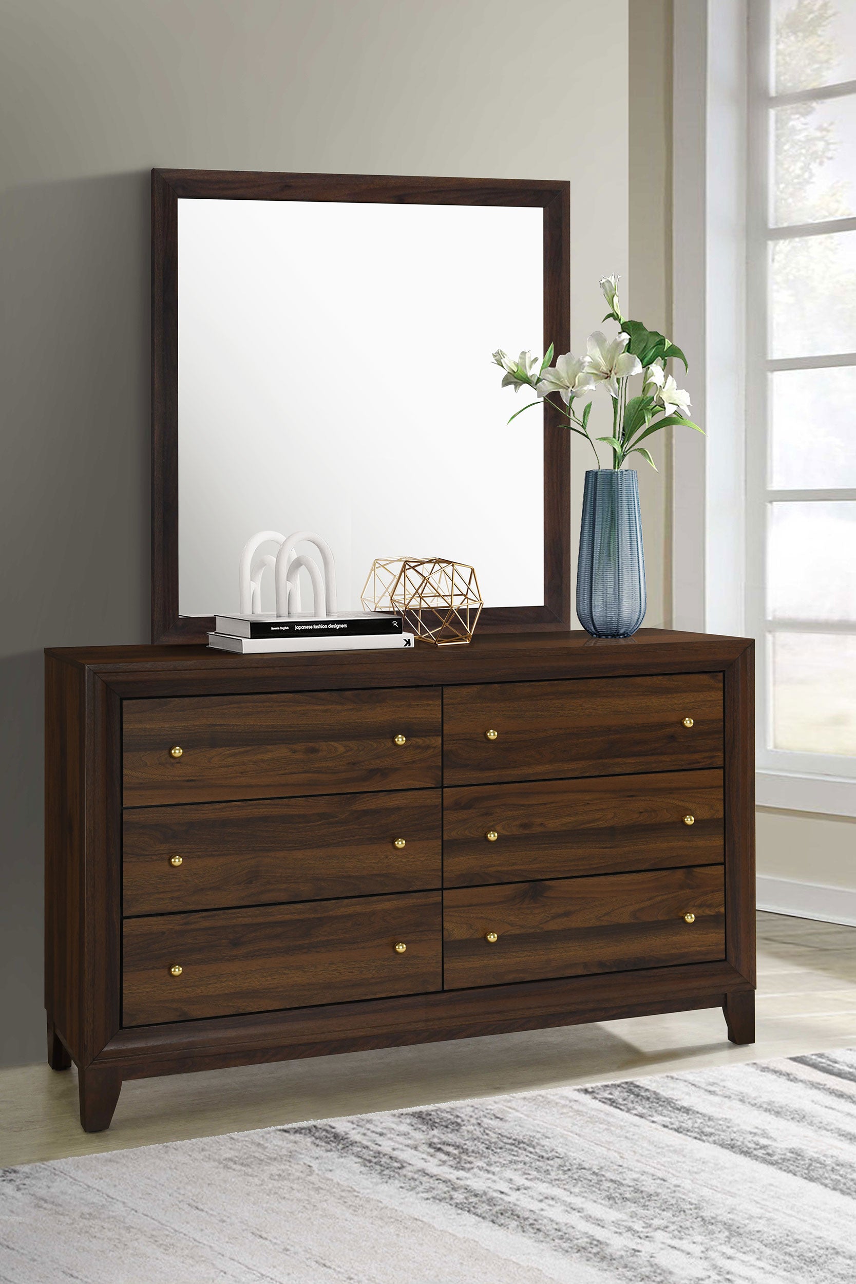 Welsley 6-drawer Dresser and Mirror Walnut - Tampa Furniture Outlet