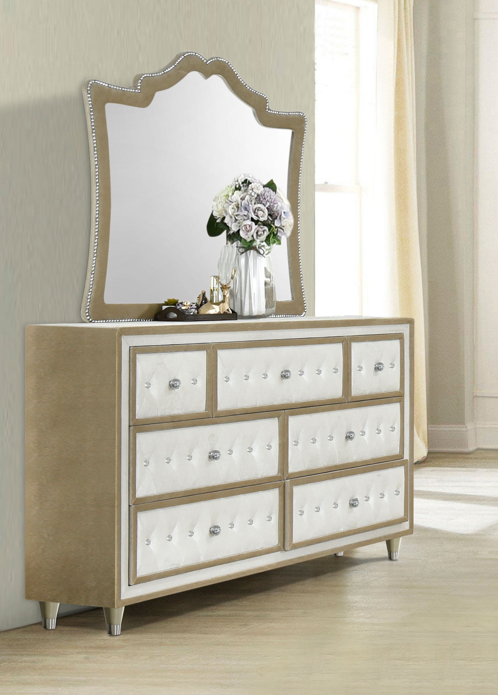 Antonella 7-drawer Upholstered Dresser with Mirror Ivory - Tampa Furniture Outlet