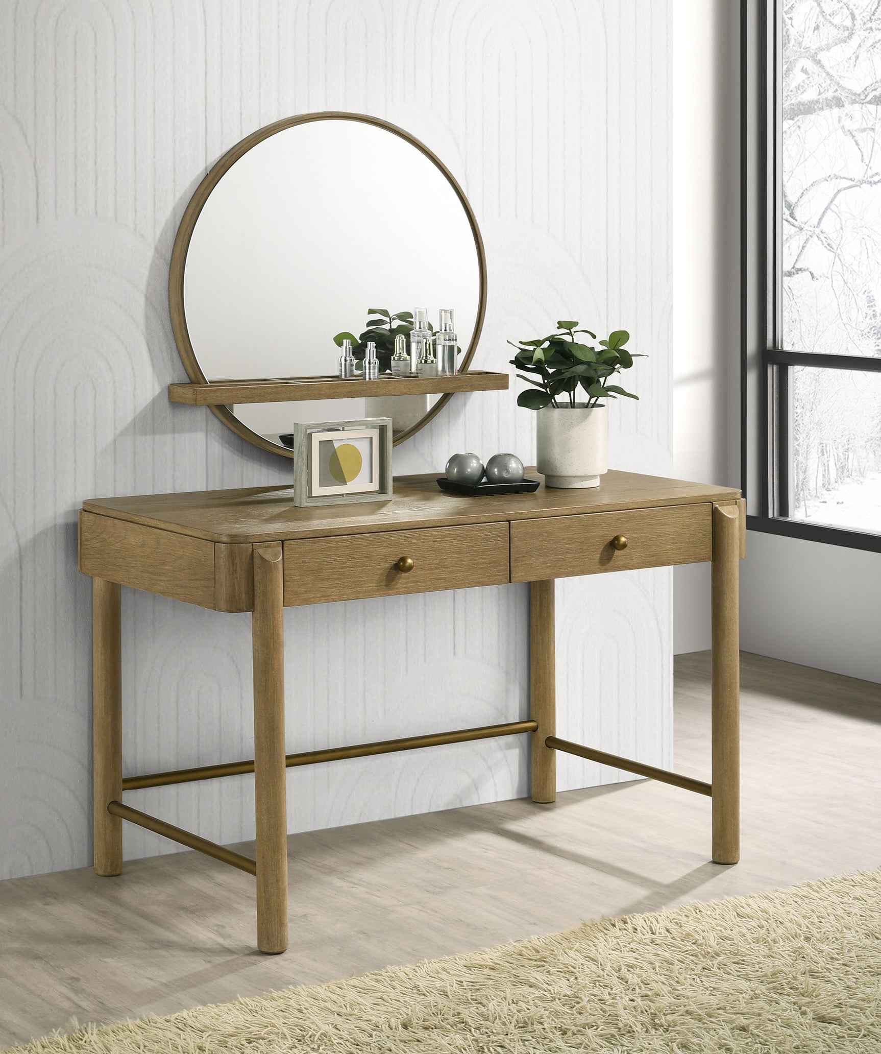 Arini Round Vanity Wall Mirror with Shelf Sand Wash - Tampa Furniture Outlet