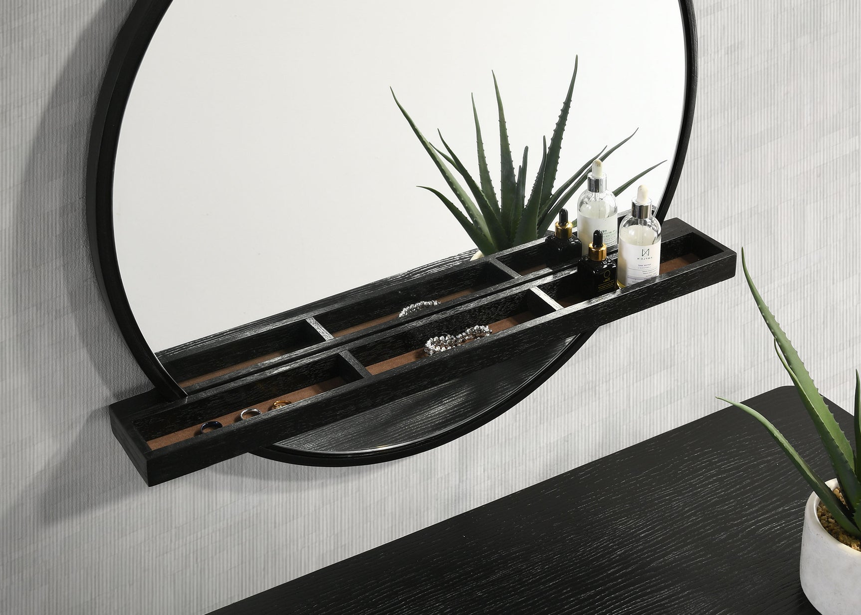 Arini Round Vanity Wall Mirror with Shelf Black - Tampa Furniture Outlet