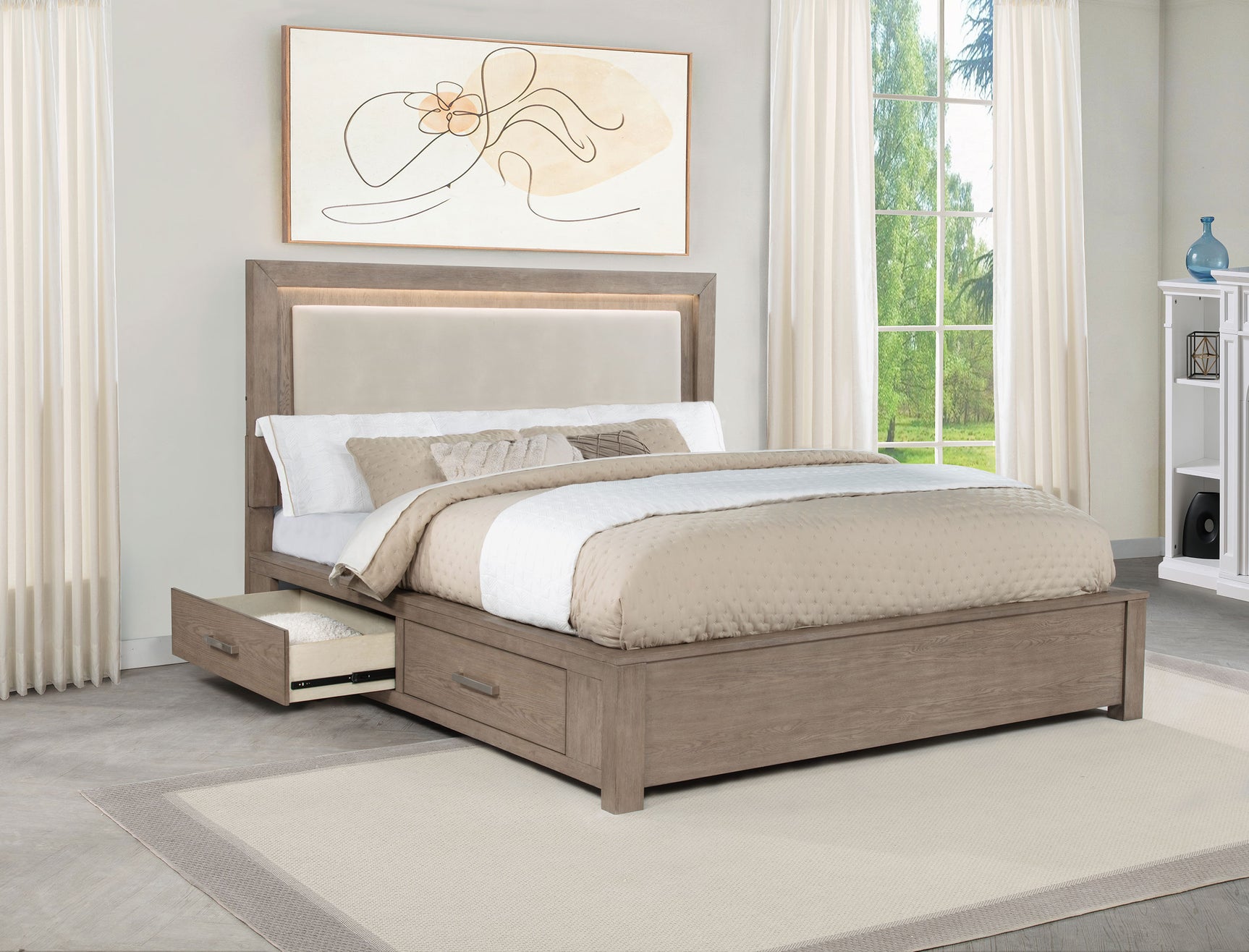 Kenora 56-inch Eastern King LED Storage Bed Barley Brown - Tampa Furniture Outlet