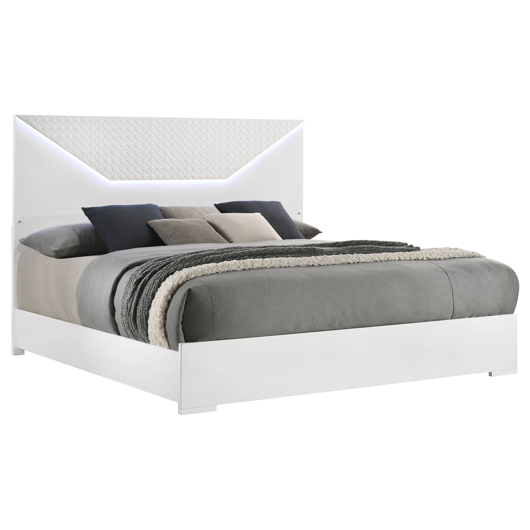 Ives Eastern King Panel Bed LED Headboard White High Gloss - Tampa Furniture Outlet