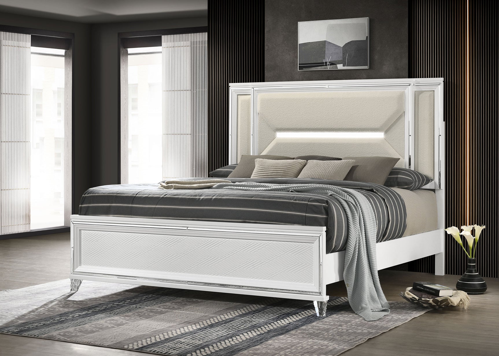 Marmore 64-inch Eastern King Panel Bed LED Headboard White - Tampa Furniture Outlet