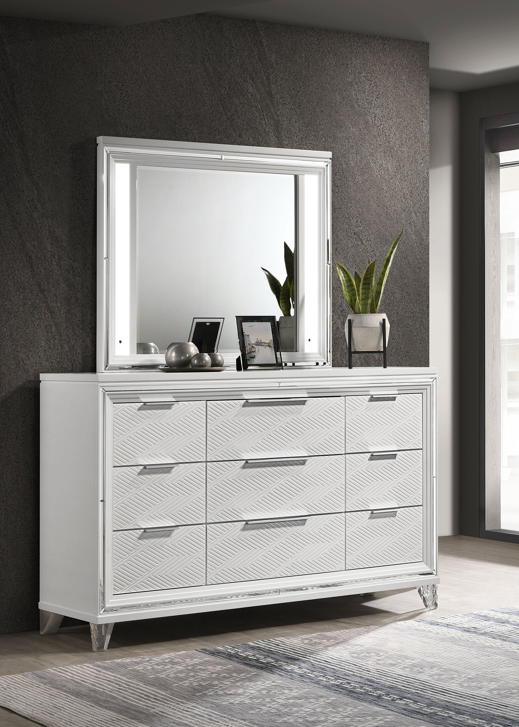 Marmore 9-drawer Dresser and LED Mirror White - Tampa Furniture Outlet