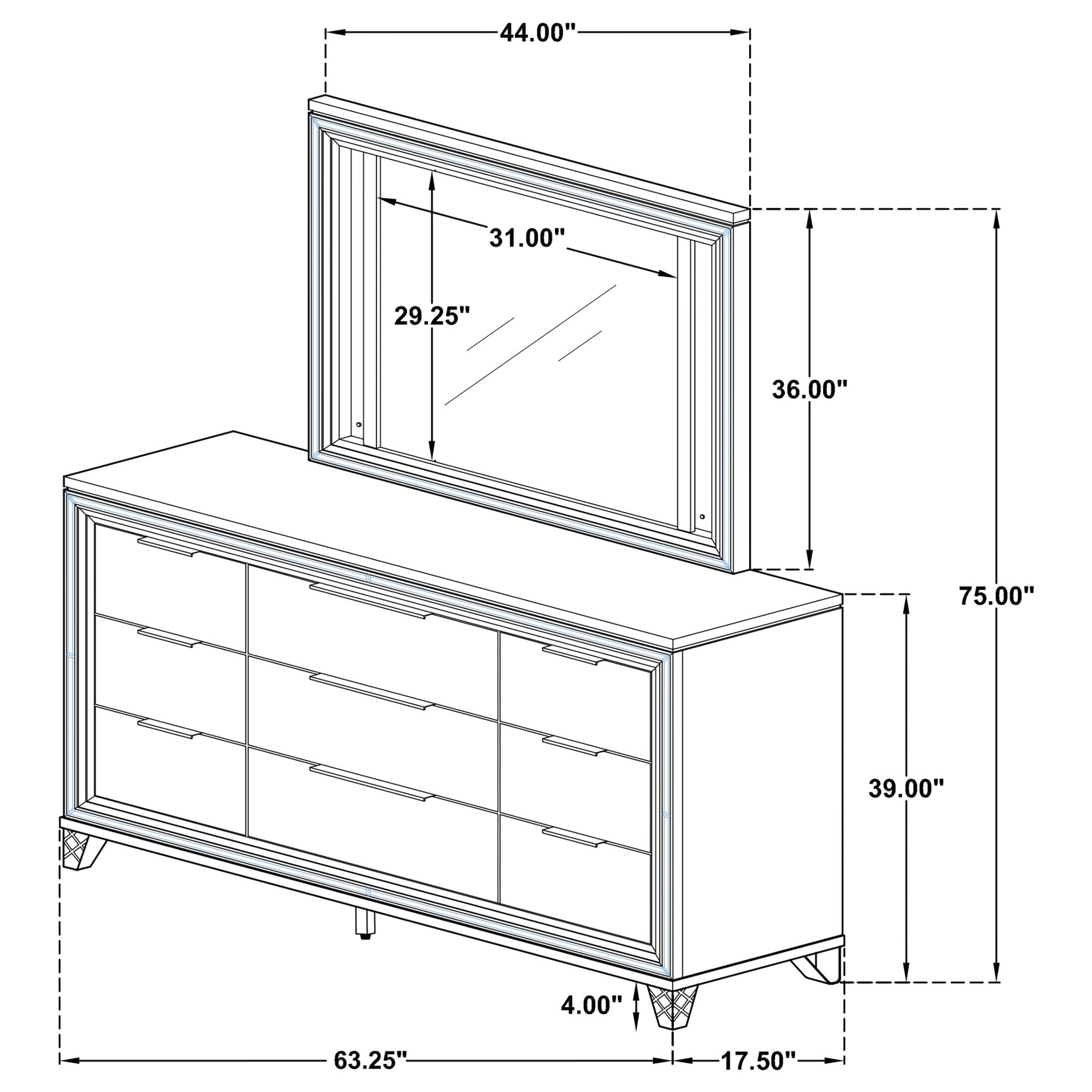 Marmore 9-drawer Dresser and LED Mirror White - Tampa Furniture Outlet