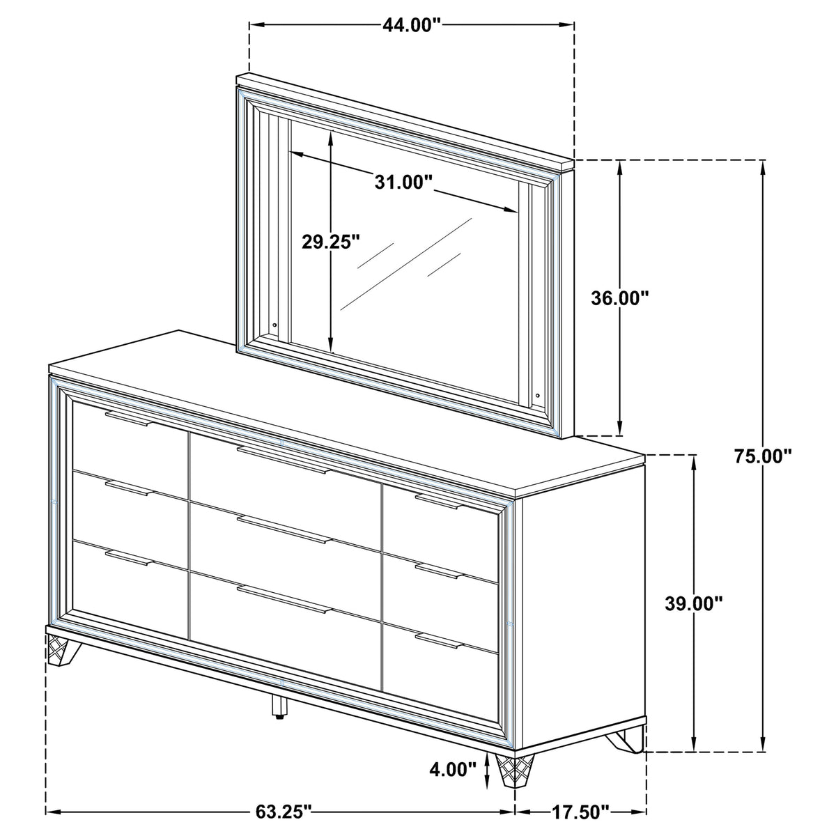Marmore 9-drawer Dresser and LED Mirror White