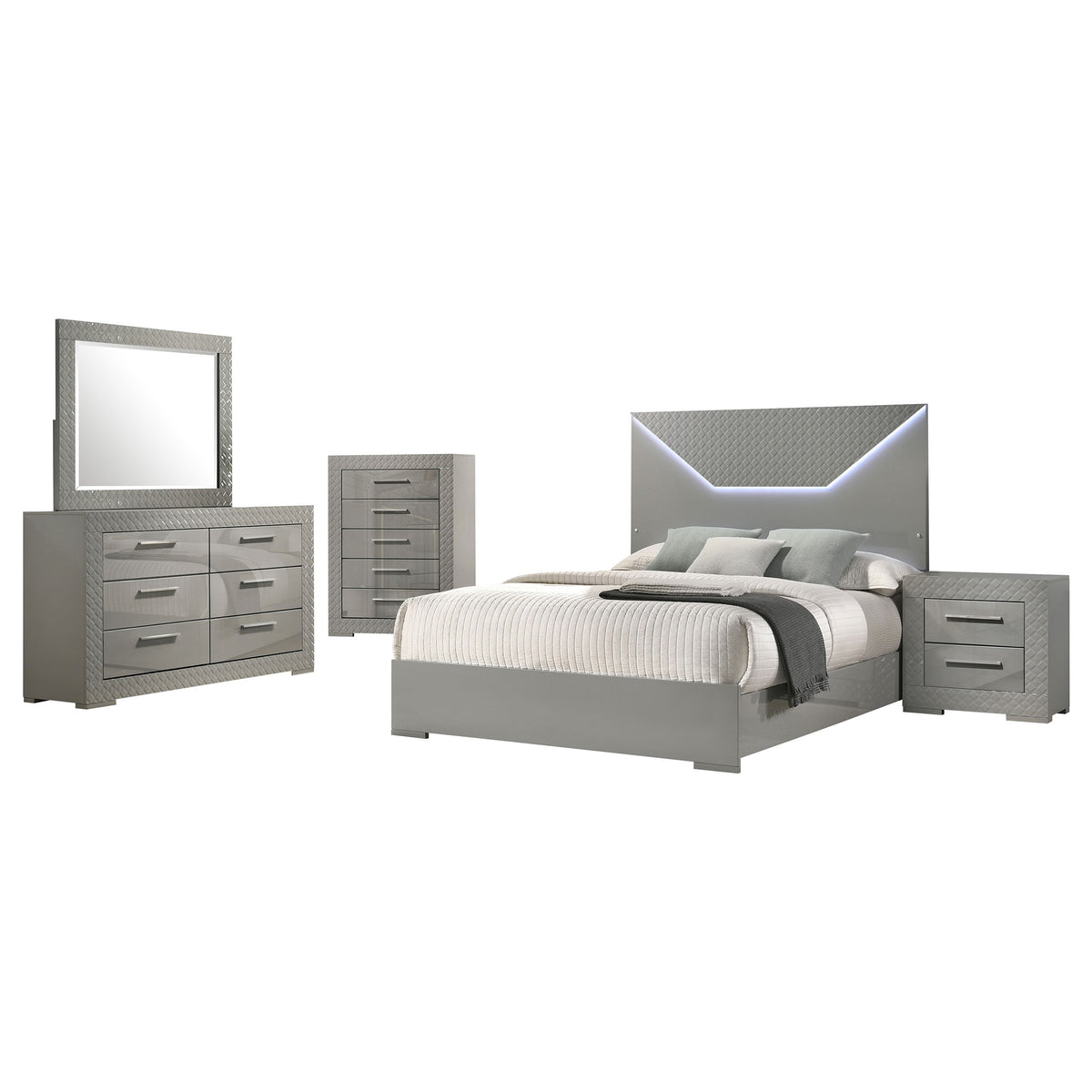 Ives 5-piece Queen Bedroom Set Grey High Gloss