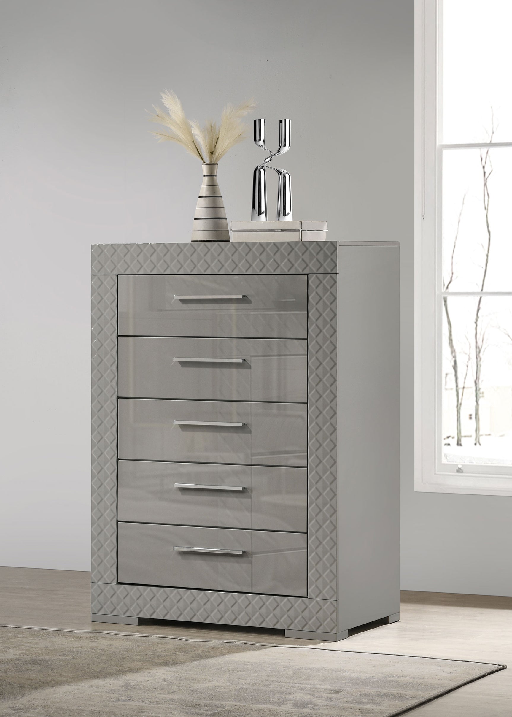 Ives 5-drawer Bedroom Chest of Drawers Grey High Gloss - Tampa Furniture Outlet