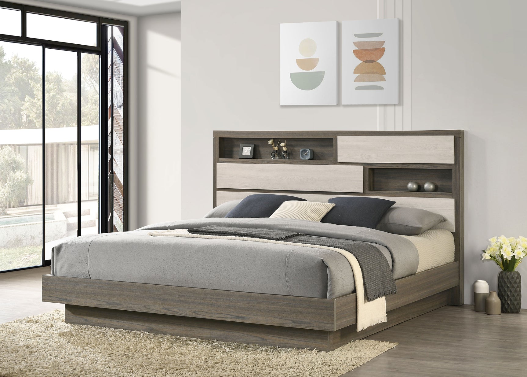 Fenwick Eastern King Bed Bookcase Headboard Grey Oak - Tampa Furniture Outlet