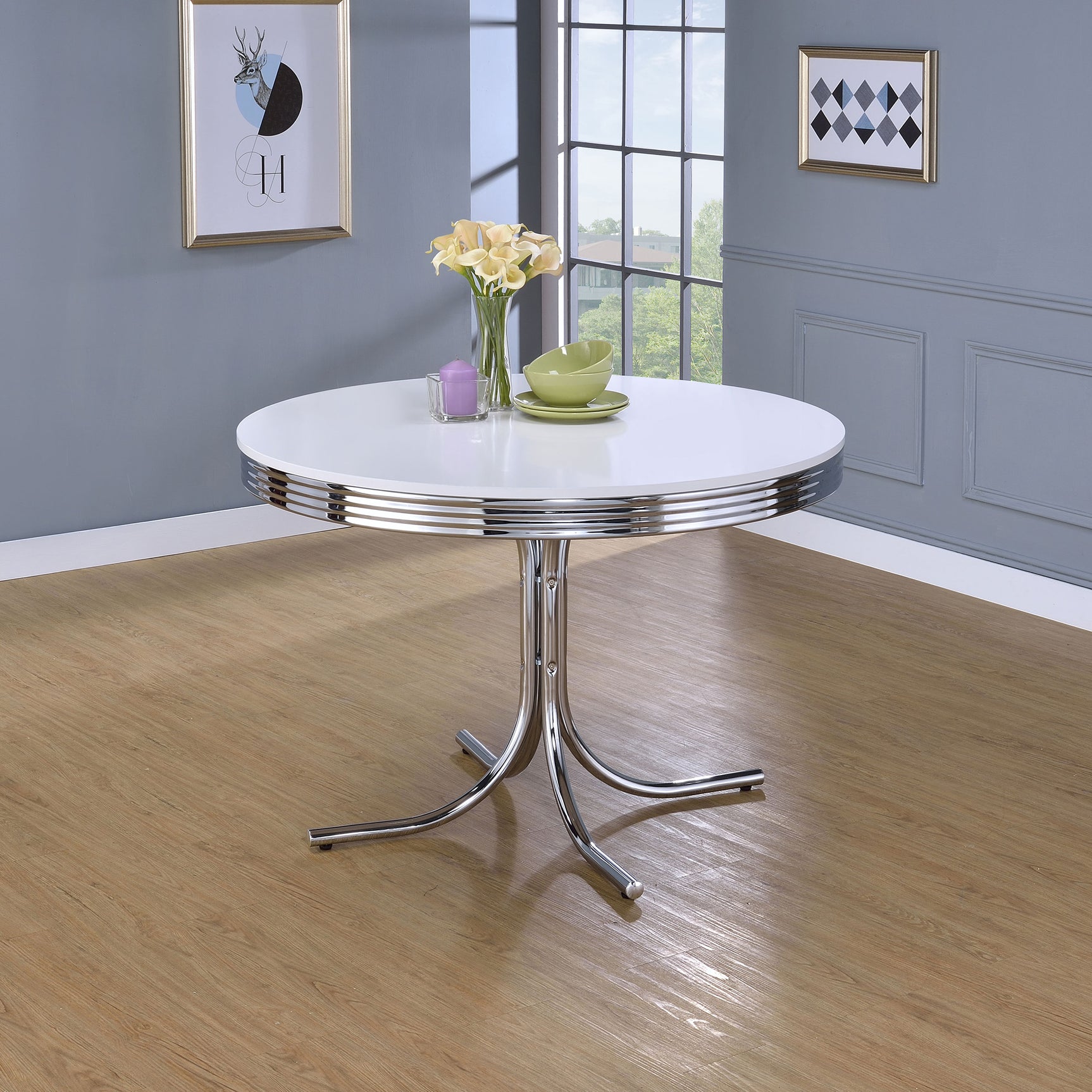 Retro Round 42-inch Wood Top Dining Table White and Chrome - Tampa Furniture Outlet