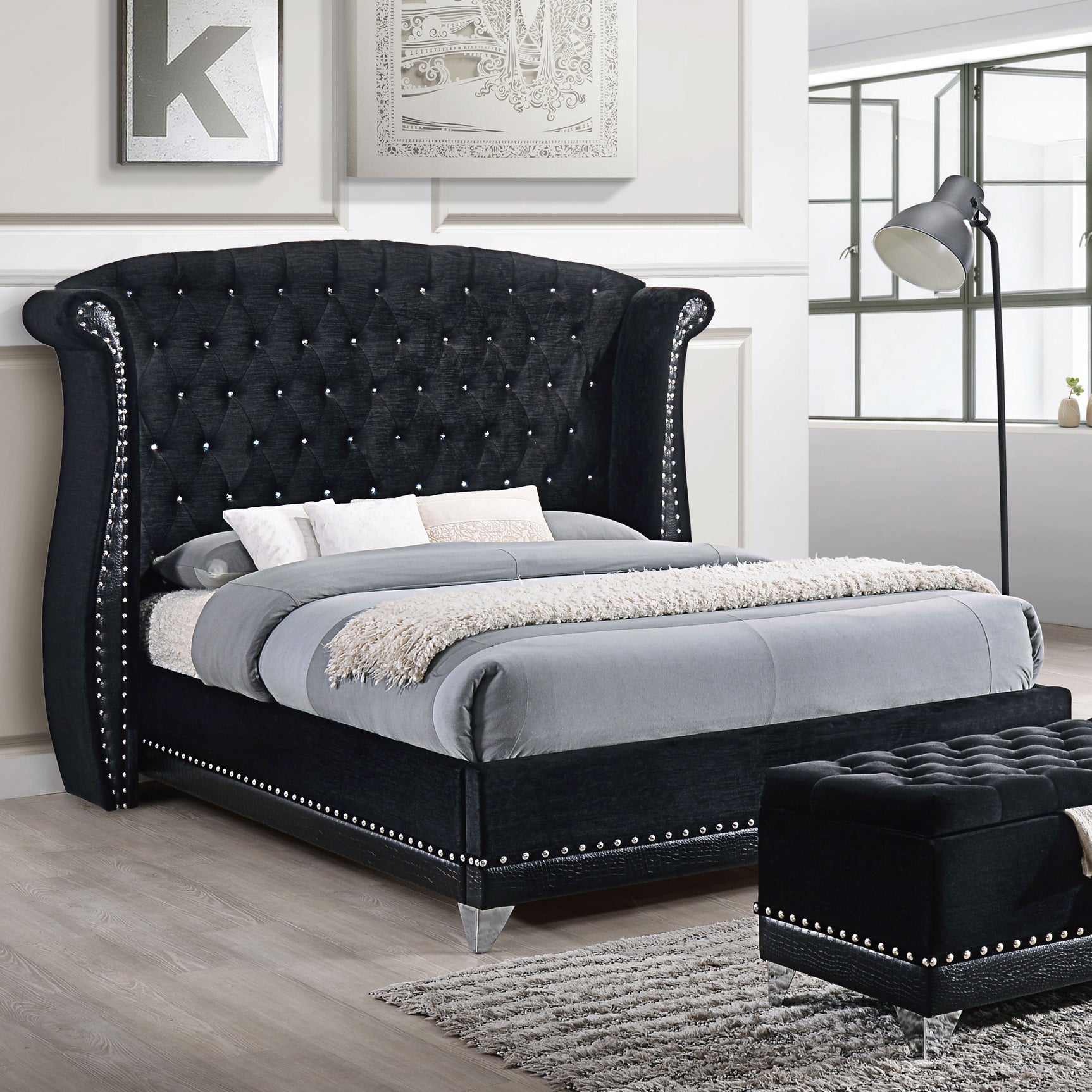 Barzini Upholstered Queen Wingback Bed Black - Tampa Furniture Outlet