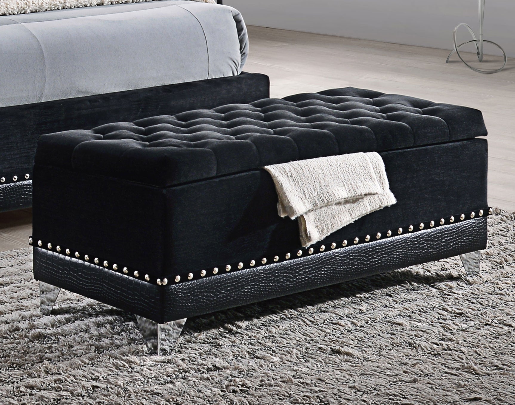 Barzini Velvet Upholstered Tufted Storage Bench Black - Tampa Furniture Outlet