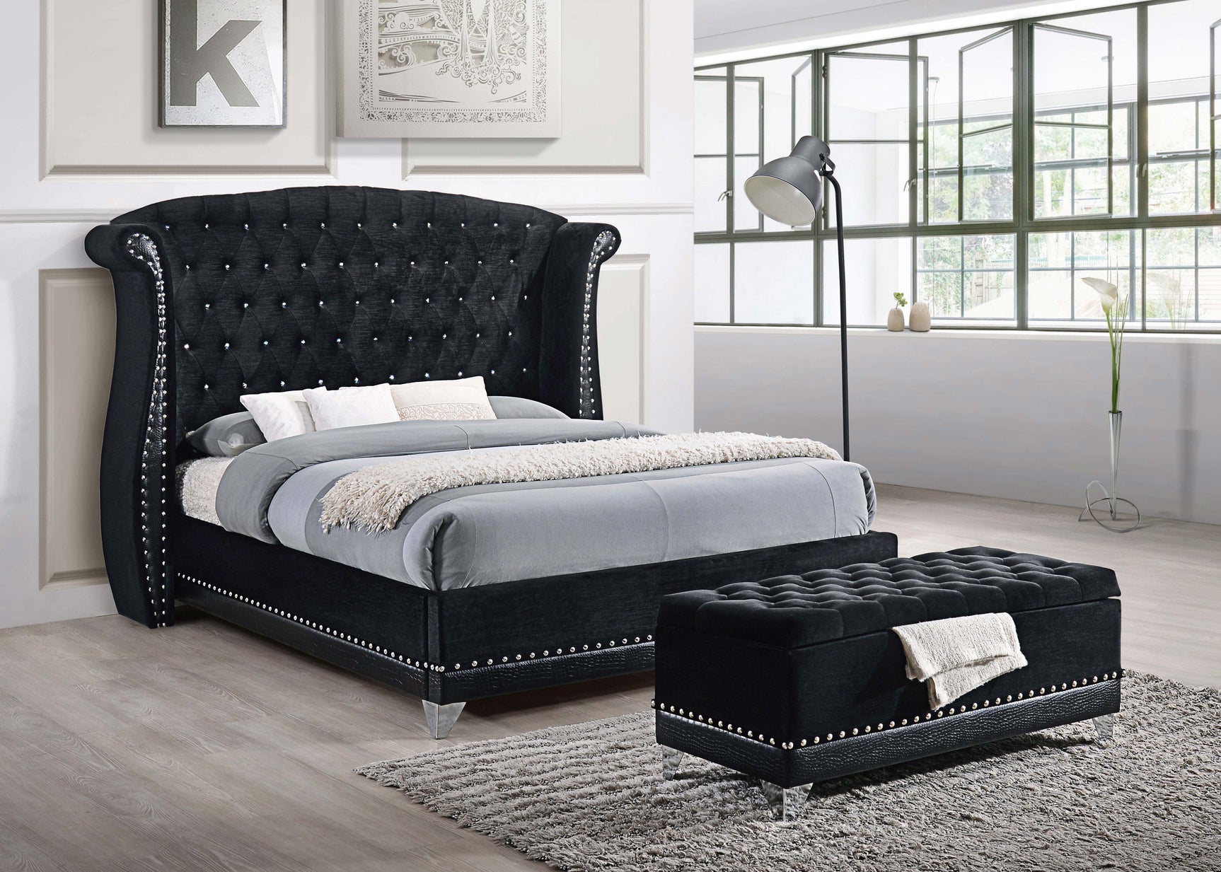 Barzini Velvet Upholstered Tufted Storage Bench Black - Tampa Furniture Outlet