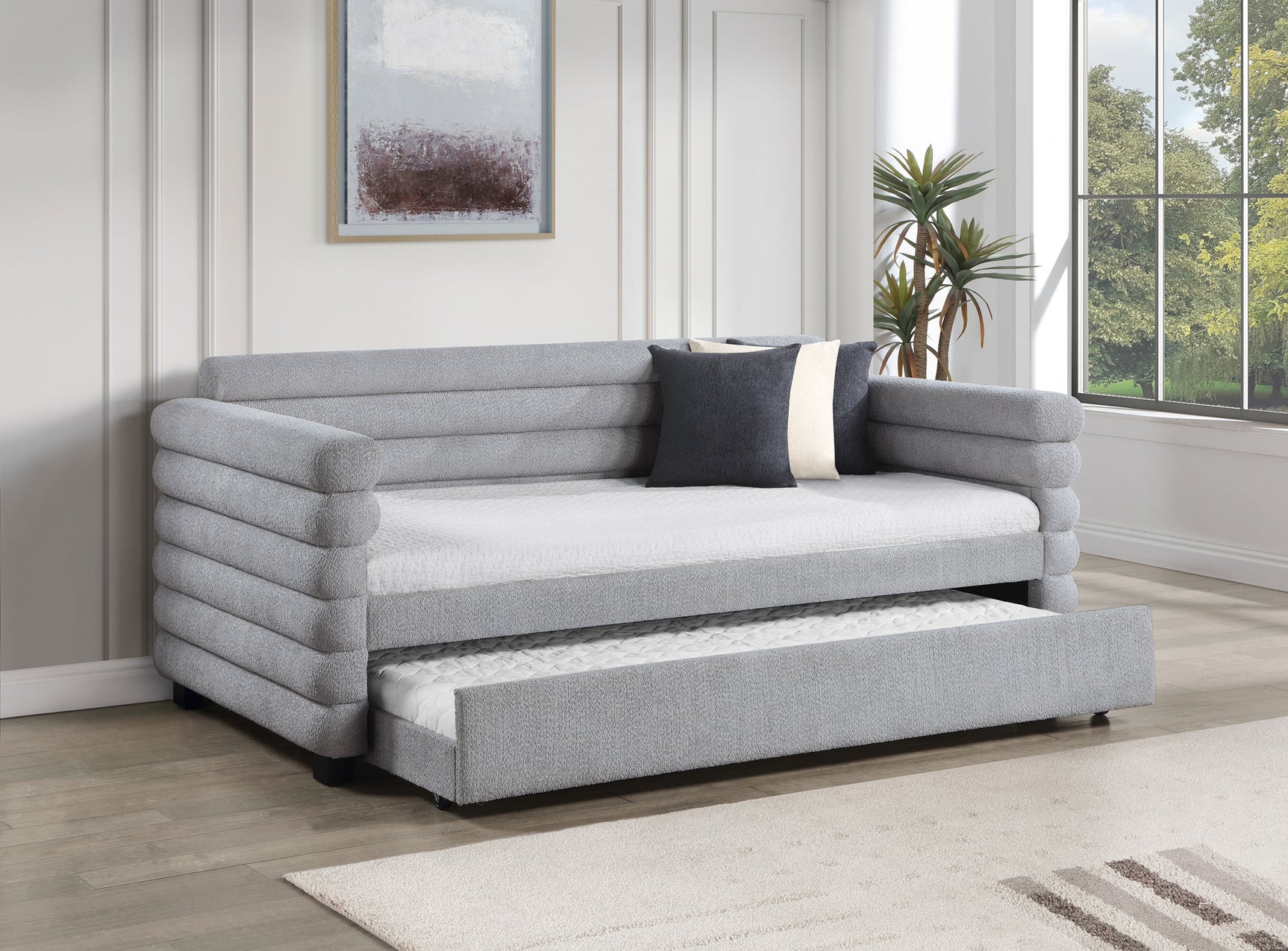 Patricia Boucle Upholstered Twin Day Bed with Trundle Grey - Tampa Furniture Outlet