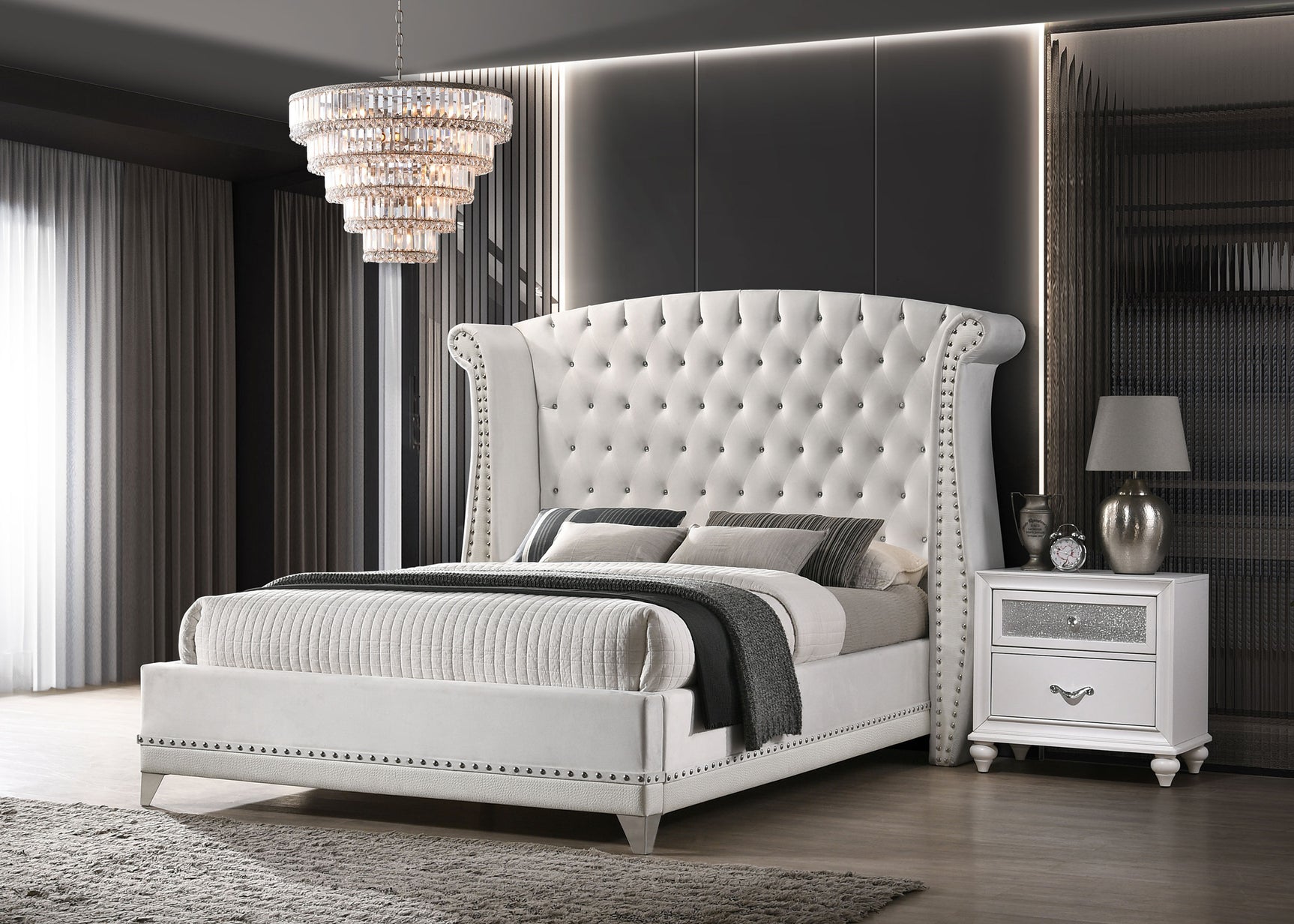 Barzini Upholstered Eastern King Wingback Bed White - Tampa Furniture Outlet