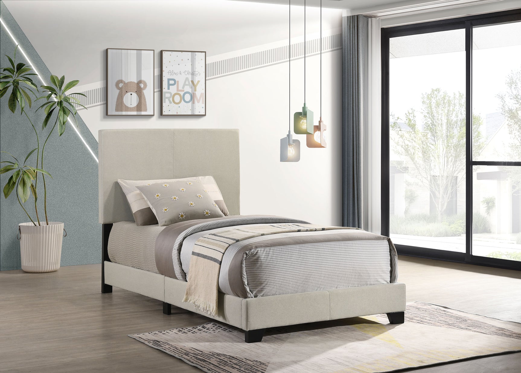 Dorian Fabric Upholstered Twin Panel Bed Cream - Tampa Furniture Outlet