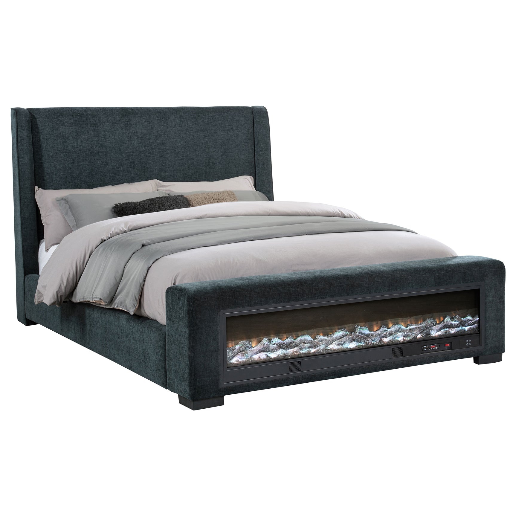 Preston Upholstered California King Audio Flame Visualizer Bed Dark Blue - Tampa Furniture Outlet