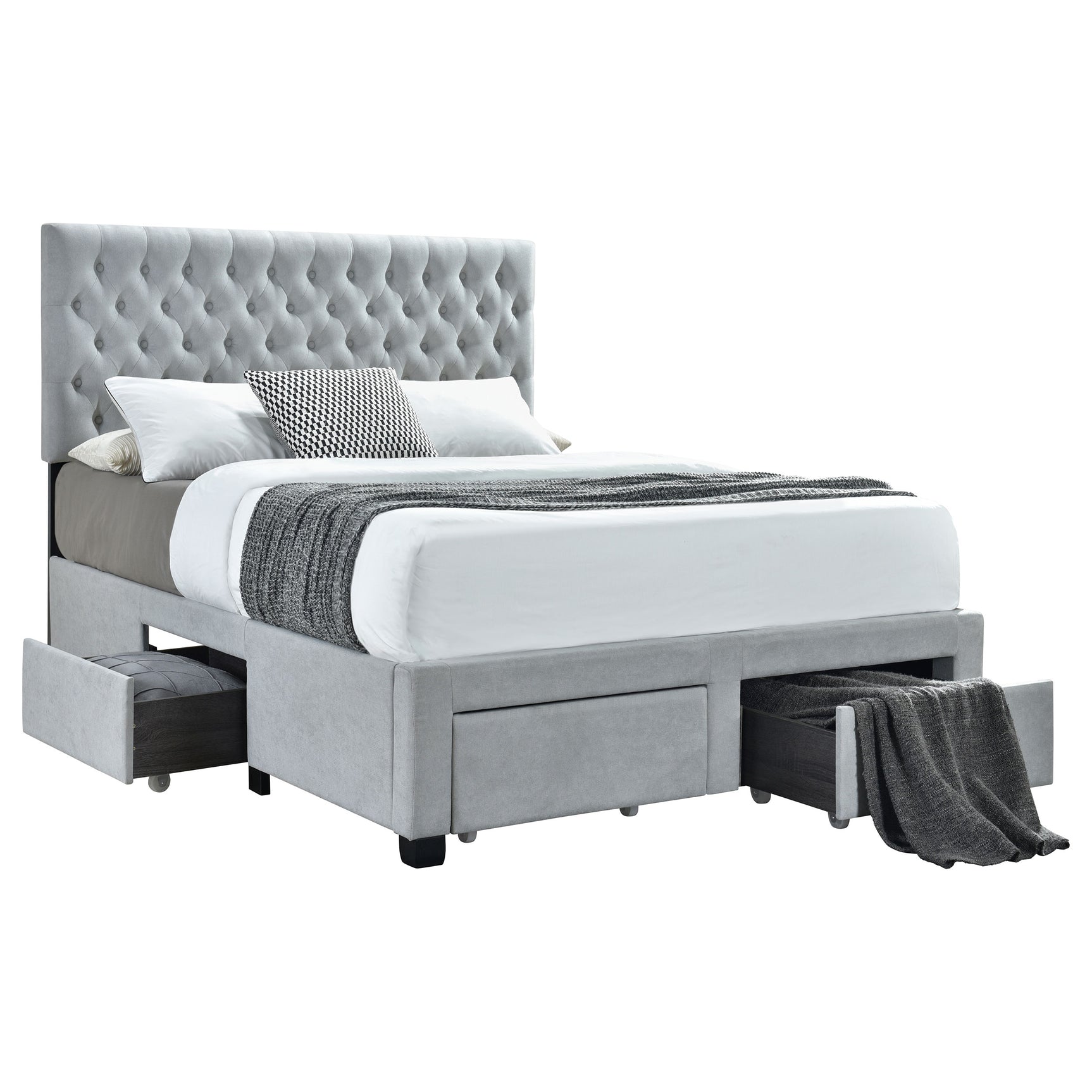 Tampa Furniture Outlet - Coaster - Soledad Upholstered Eastern King Storage Bed Light Grey - 305878KE