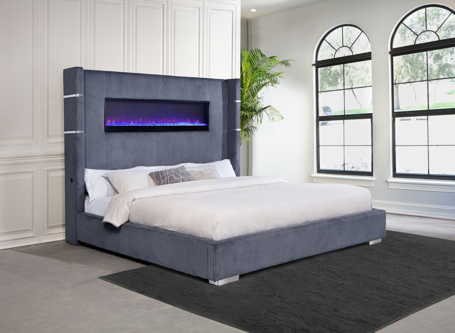 Tisdall Upholstered Eastern King Flame Visualizer Bed Grey - Tampa Furniture Outlet