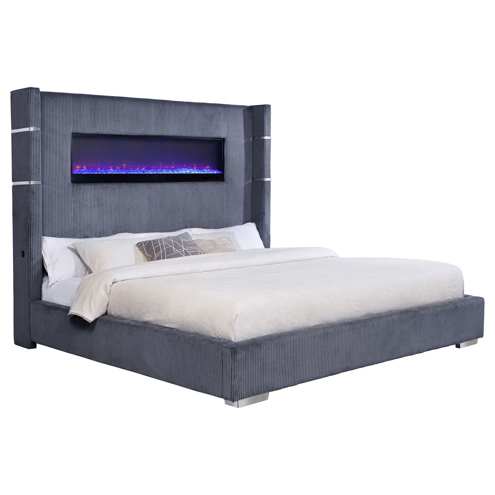 Tisdall Upholstered Eastern King Flame Visualizer Bed Grey - Tampa Furniture Outlet