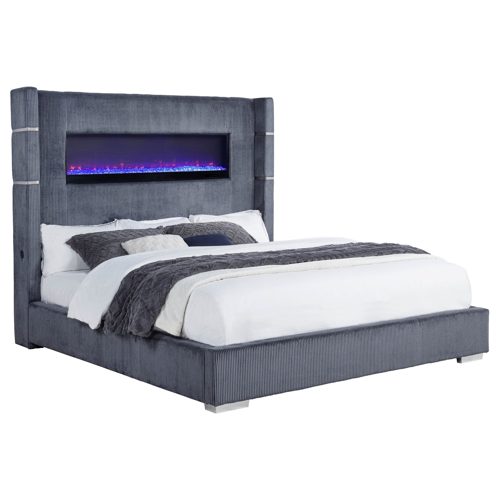 Tisdall Upholstered Cal King Flame Visualizer Bed Grey - Tampa Furniture Outlet