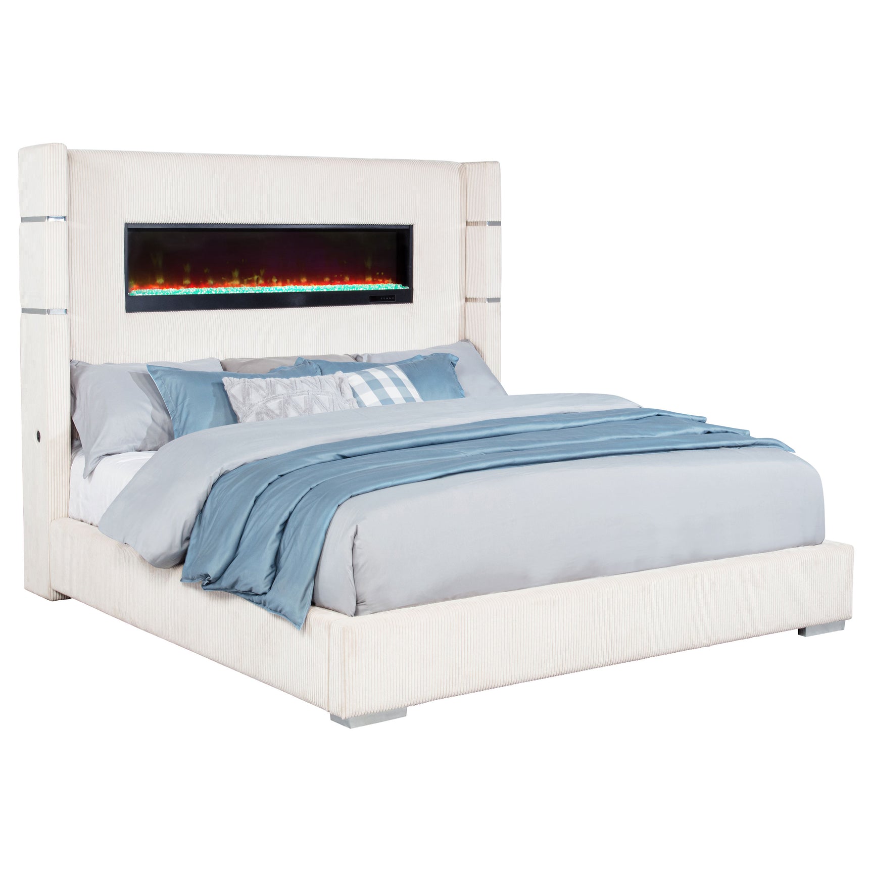 Tisdall Upholstered Eastern King Flame Visualizer Bed Cream - Tampa Furniture Outlet