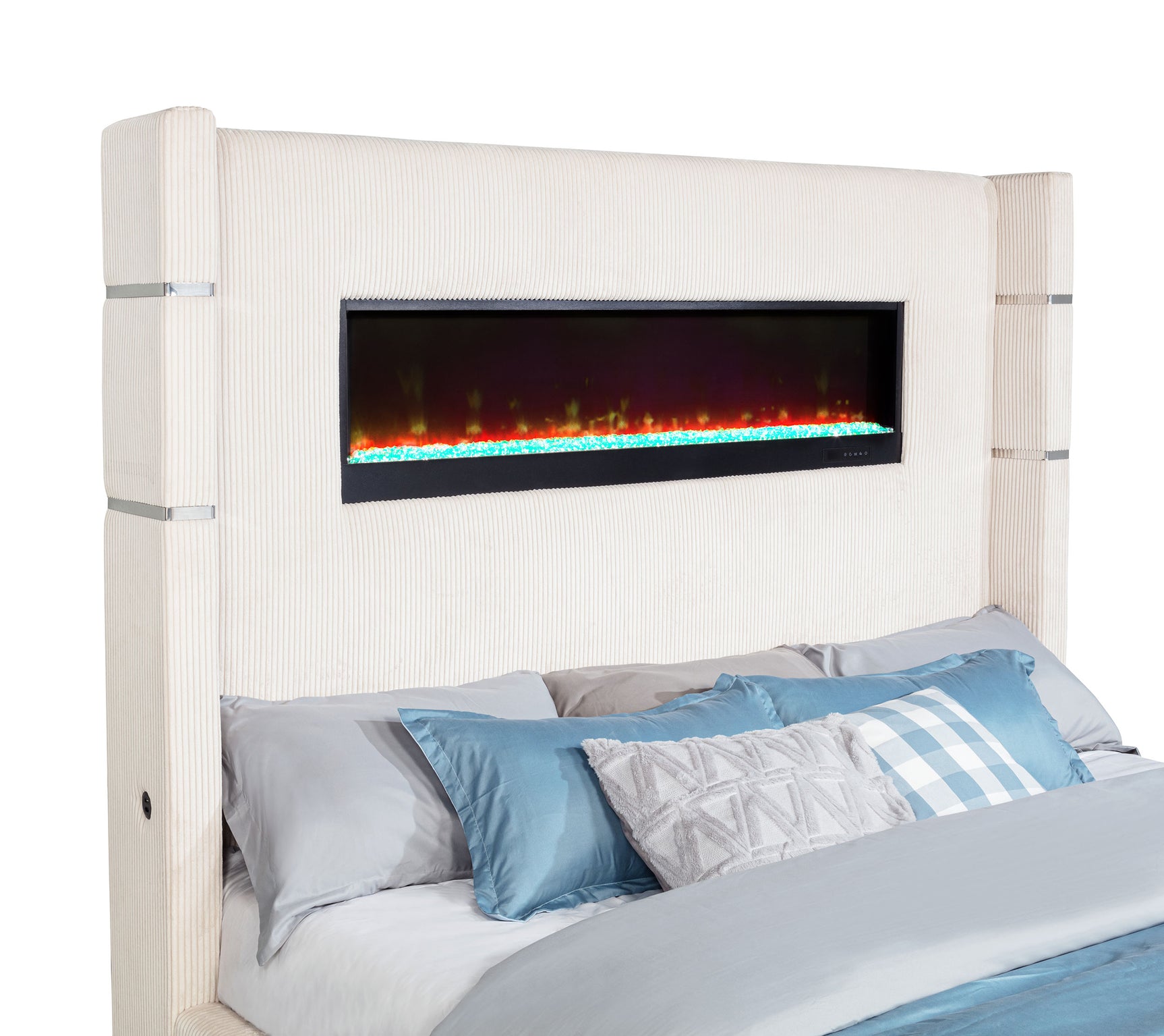 Tisdall Upholstered Eastern King Flame Visualizer Bed Cream - Tampa Furniture Outlet