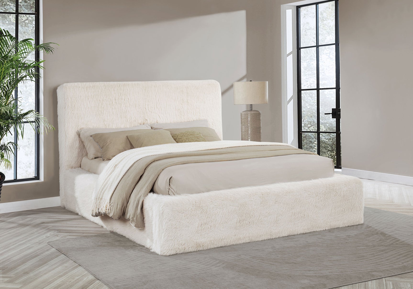 Rebecca Faux Fur Upholstered Eastern King Bed Cream - Tampa Furniture Outlet