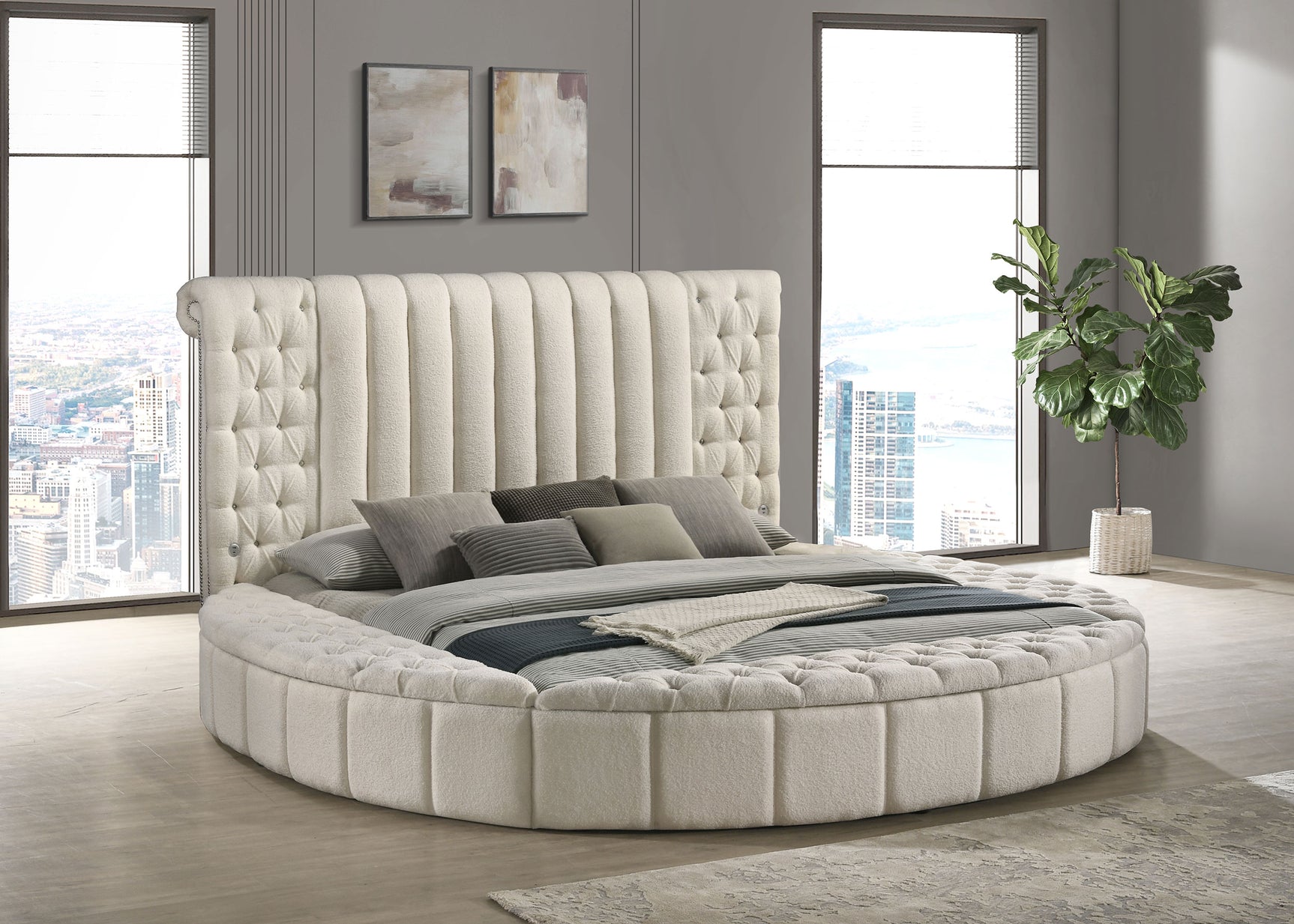 Sonya Upholstered Eastern King Round Storage Bed Ivory - Tampa Furniture Outlet